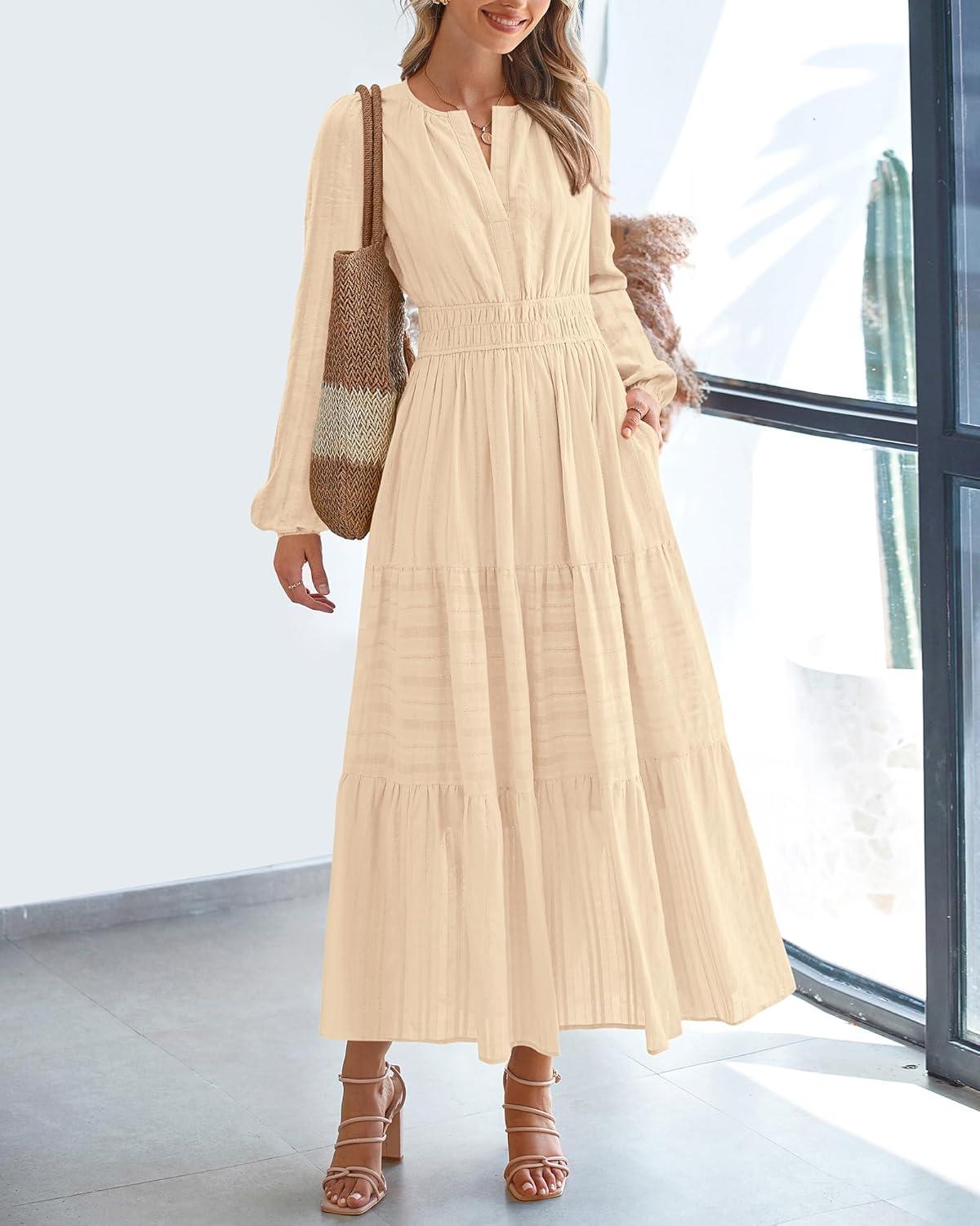 imageBTFBM Fall Dresses for Women 2025 Casual Long Sleeve V Neck Elastic Waist Lightweight Maxi Wedding Guest Dress PocketsApricot