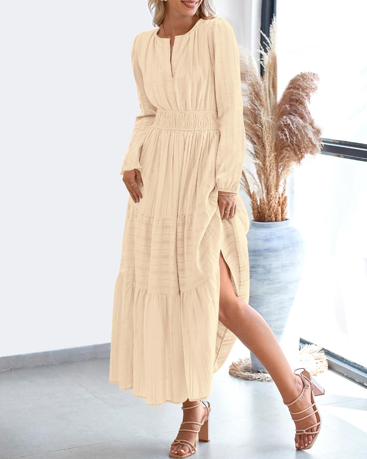 imageBTFBM Fall Dresses for Women 2025 Casual Long Sleeve V Neck Elastic Waist Lightweight Maxi Wedding Guest Dress PocketsApricot