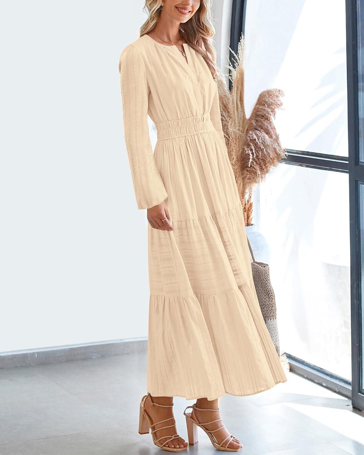 imageBTFBM Fall Dresses for Women 2025 Casual Long Sleeve V Neck Elastic Waist Lightweight Maxi Wedding Guest Dress PocketsApricot