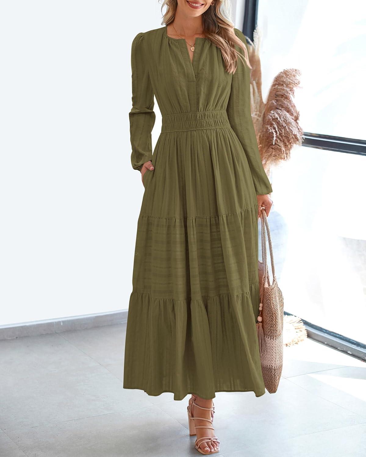imageBTFBM Fall Dresses for Women 2025 Casual Long Sleeve V Neck Elastic Waist Lightweight Maxi Wedding Guest Dress PocketsArmy Green