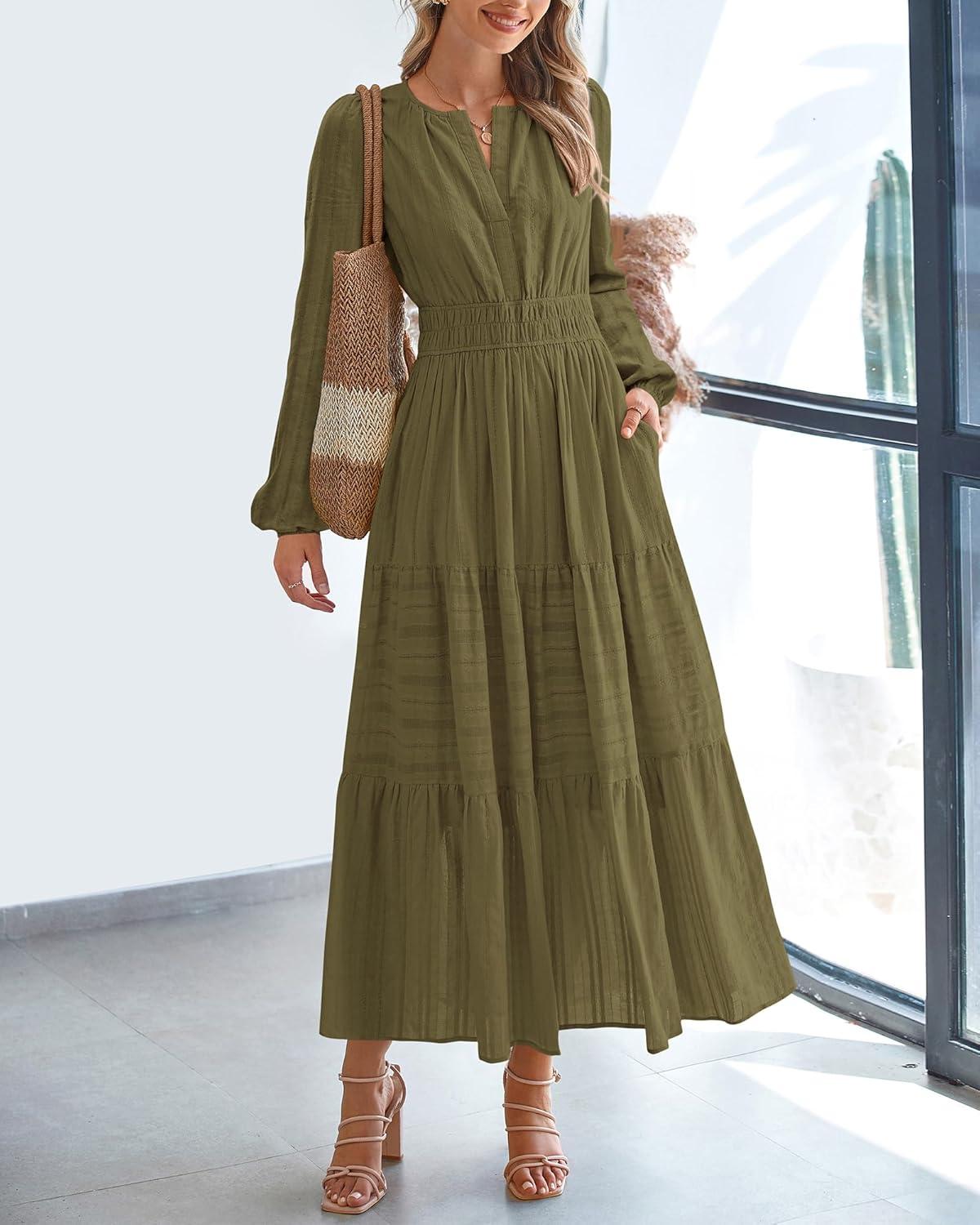 imageBTFBM Fall Dresses for Women 2025 Casual Long Sleeve V Neck Elastic Waist Lightweight Maxi Wedding Guest Dress PocketsArmy Green