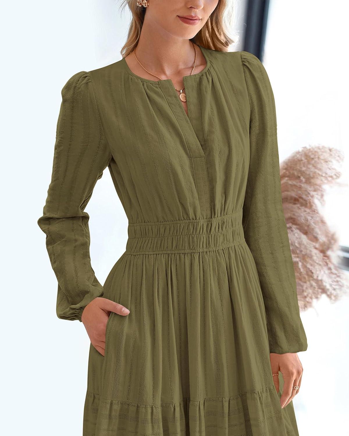 imageBTFBM Fall Dresses for Women 2025 Casual Long Sleeve V Neck Elastic Waist Lightweight Maxi Wedding Guest Dress PocketsArmy Green