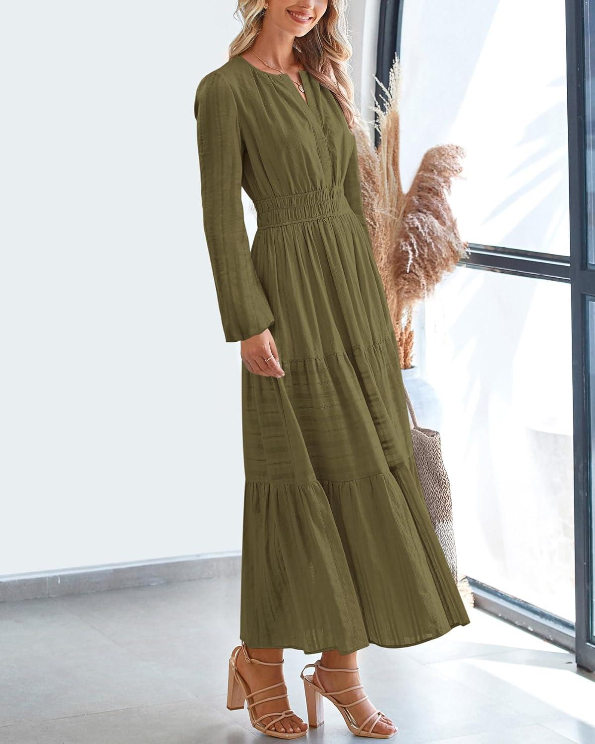 imageBTFBM Fall Dresses for Women 2025 Casual Long Sleeve V Neck Elastic Waist Lightweight Maxi Wedding Guest Dress PocketsArmy Green