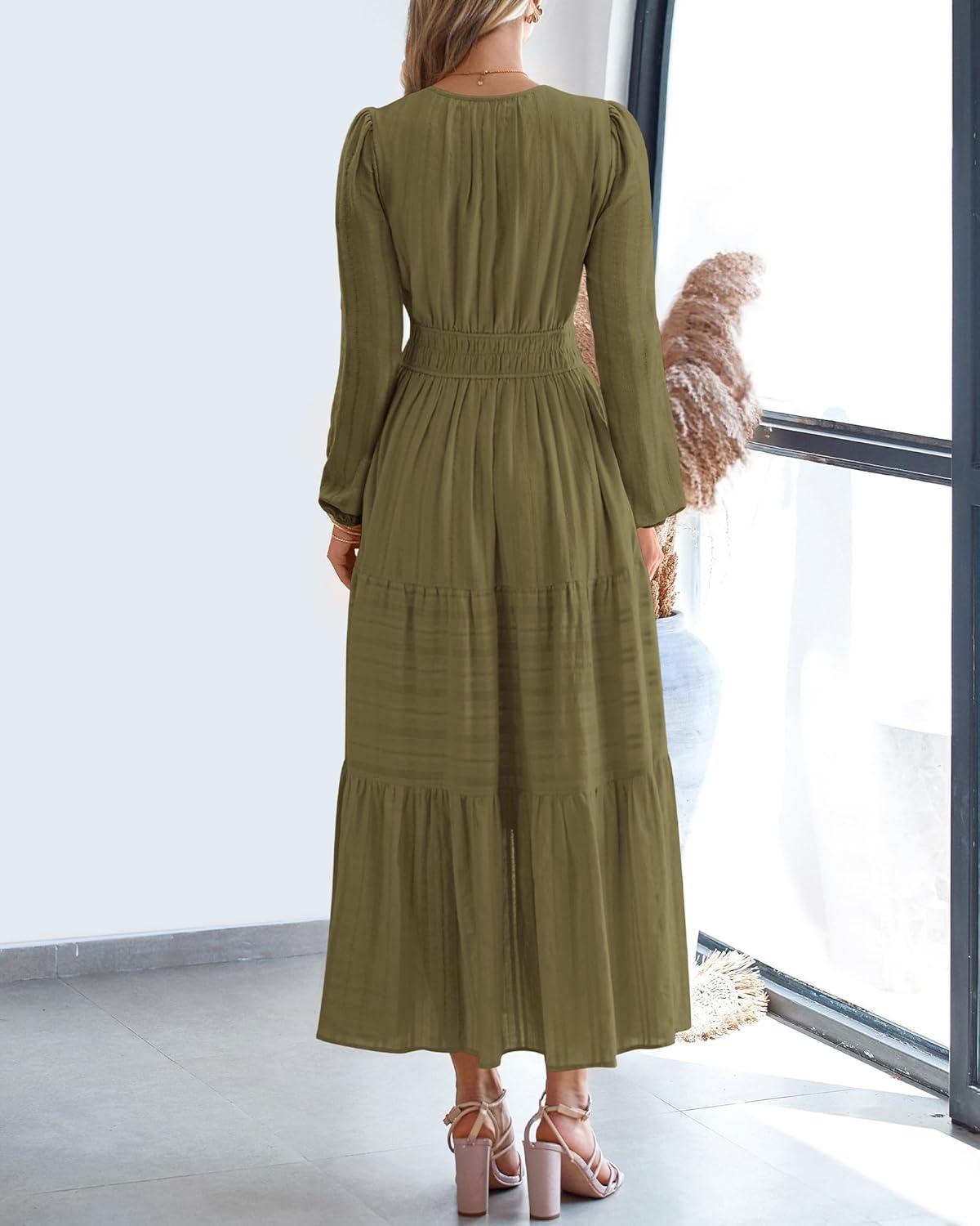 imageBTFBM Fall Dresses for Women 2025 Casual Long Sleeve V Neck Elastic Waist Lightweight Maxi Wedding Guest Dress PocketsArmy Green