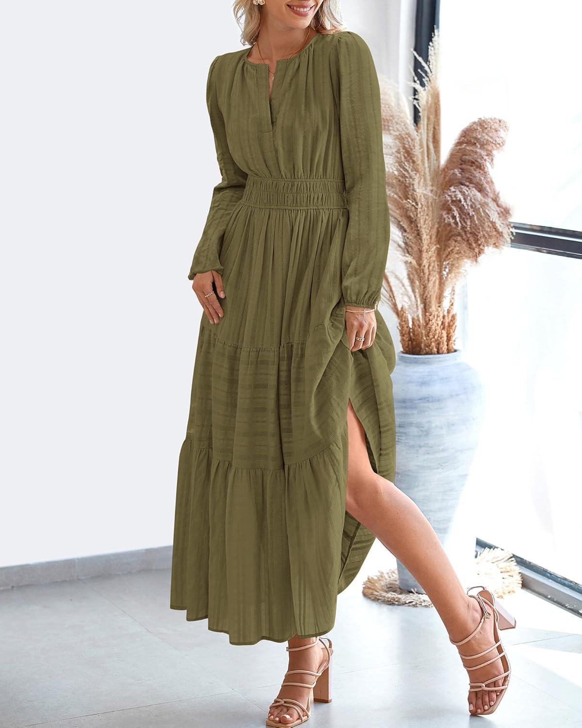 imageBTFBM Fall Dresses for Women 2025 Casual Long Sleeve V Neck Elastic Waist Lightweight Maxi Wedding Guest Dress PocketsArmy Green