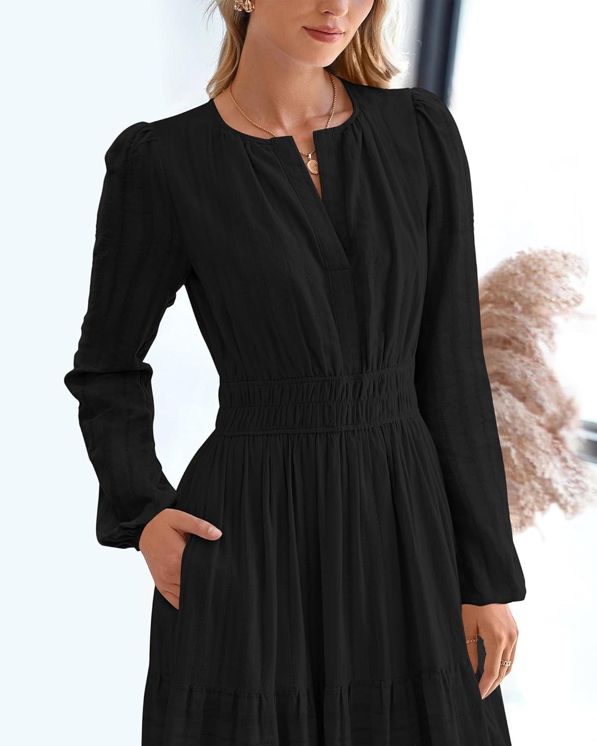 imageBTFBM Fall Dresses for Women 2025 Casual Long Sleeve V Neck Elastic Waist Lightweight Maxi Wedding Guest Dress PocketsBlack
