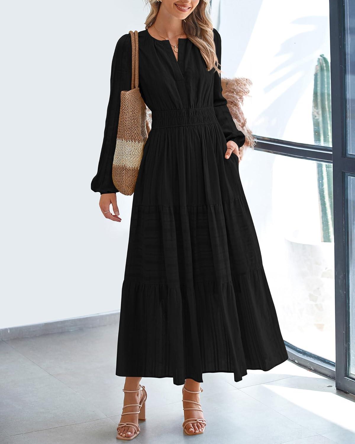imageBTFBM Fall Dresses for Women 2025 Casual Long Sleeve V Neck Elastic Waist Lightweight Maxi Wedding Guest Dress PocketsBlack