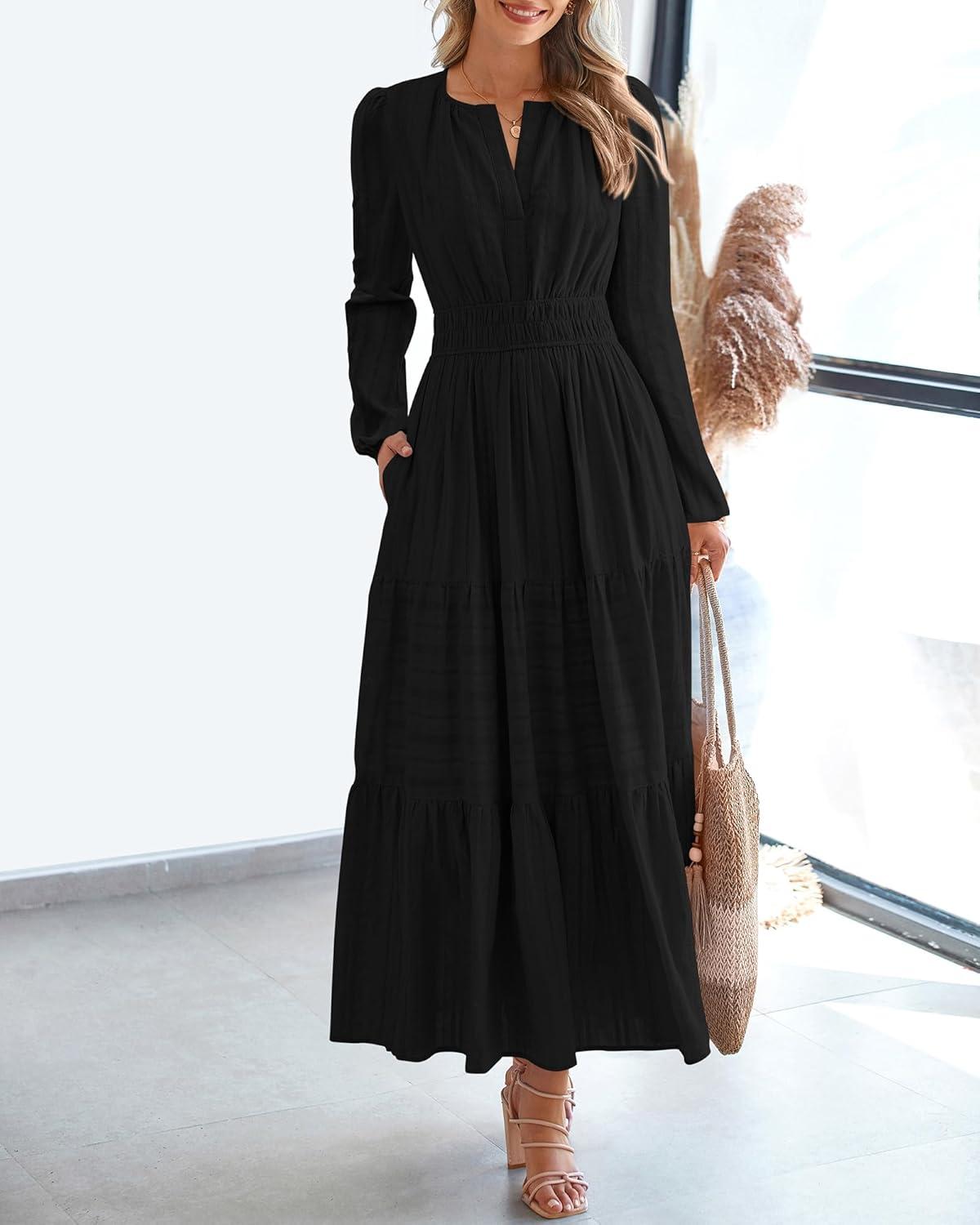 imageBTFBM Fall Dresses for Women 2025 Casual Long Sleeve V Neck Elastic Waist Lightweight Maxi Wedding Guest Dress PocketsBlack