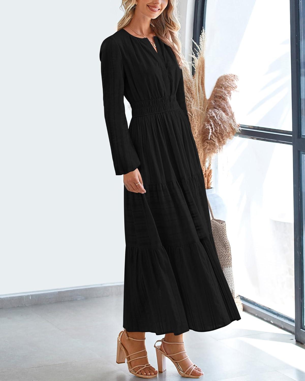 imageBTFBM Fall Dresses for Women 2025 Casual Long Sleeve V Neck Elastic Waist Lightweight Maxi Wedding Guest Dress PocketsBlack