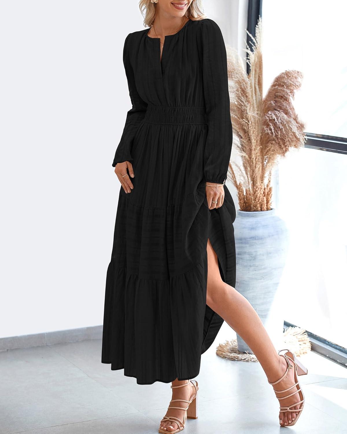 imageBTFBM Fall Dresses for Women 2025 Casual Long Sleeve V Neck Elastic Waist Lightweight Maxi Wedding Guest Dress PocketsBlack