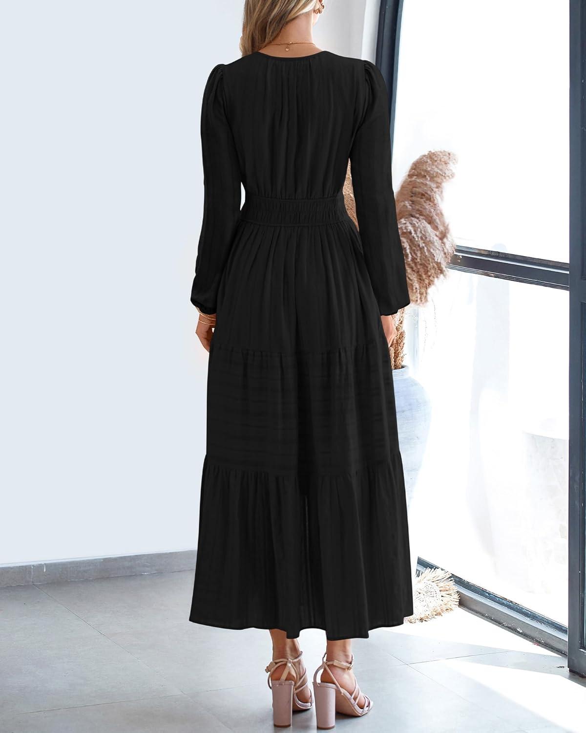 imageBTFBM Fall Dresses for Women 2025 Casual Long Sleeve V Neck Elastic Waist Lightweight Maxi Wedding Guest Dress PocketsBlack