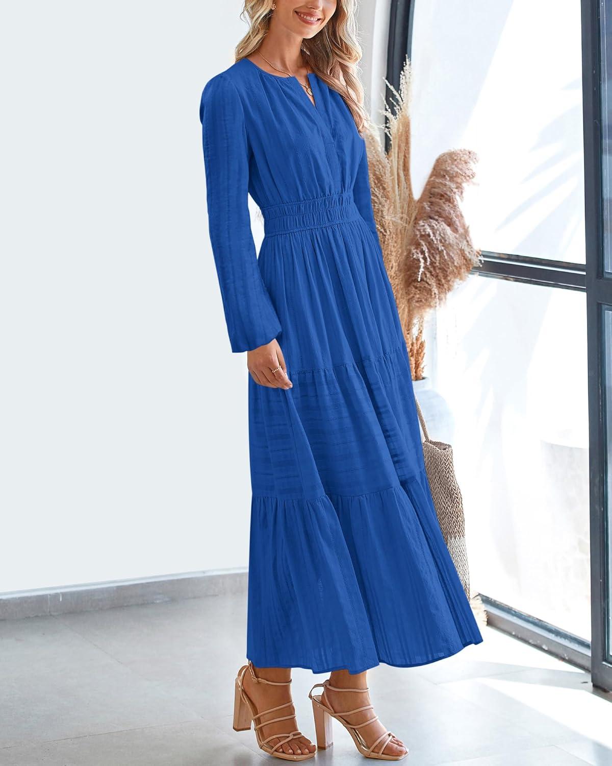imageBTFBM Fall Dresses for Women 2025 Casual Long Sleeve V Neck Elastic Waist Lightweight Maxi Wedding Guest Dress PocketsBlue