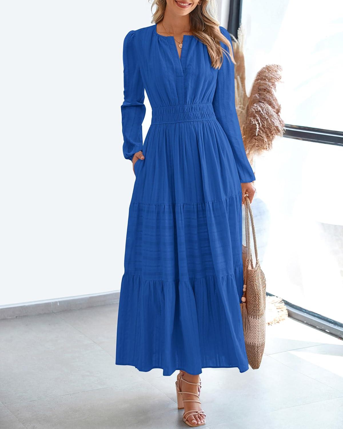 imageBTFBM Fall Dresses for Women 2025 Casual Long Sleeve V Neck Elastic Waist Lightweight Maxi Wedding Guest Dress PocketsBlue