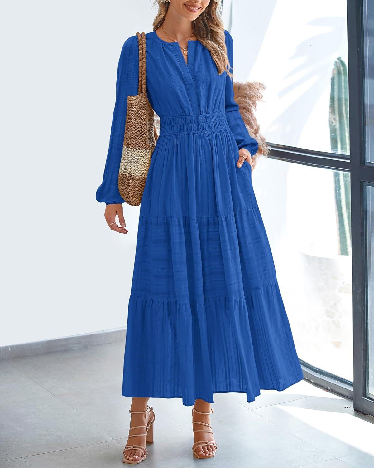 imageBTFBM Fall Dresses for Women 2025 Casual Long Sleeve V Neck Elastic Waist Lightweight Maxi Wedding Guest Dress PocketsBlue