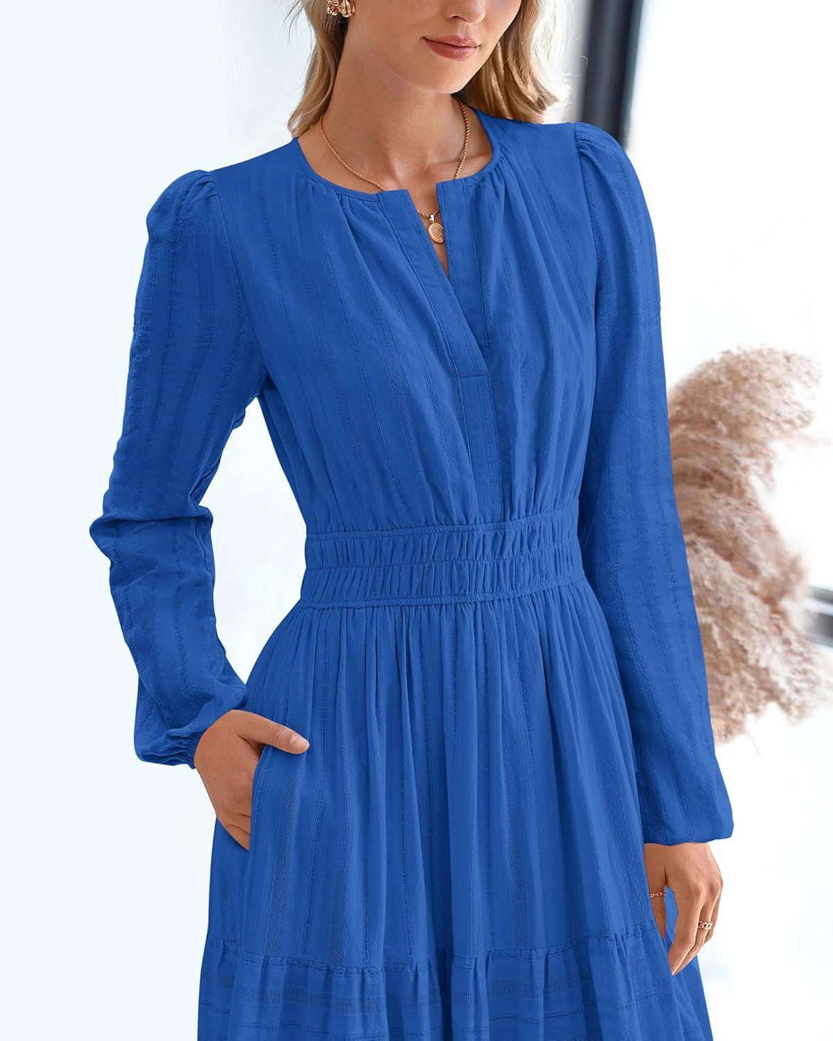 imageBTFBM Fall Dresses for Women 2025 Casual Long Sleeve V Neck Elastic Waist Lightweight Maxi Wedding Guest Dress PocketsBlue