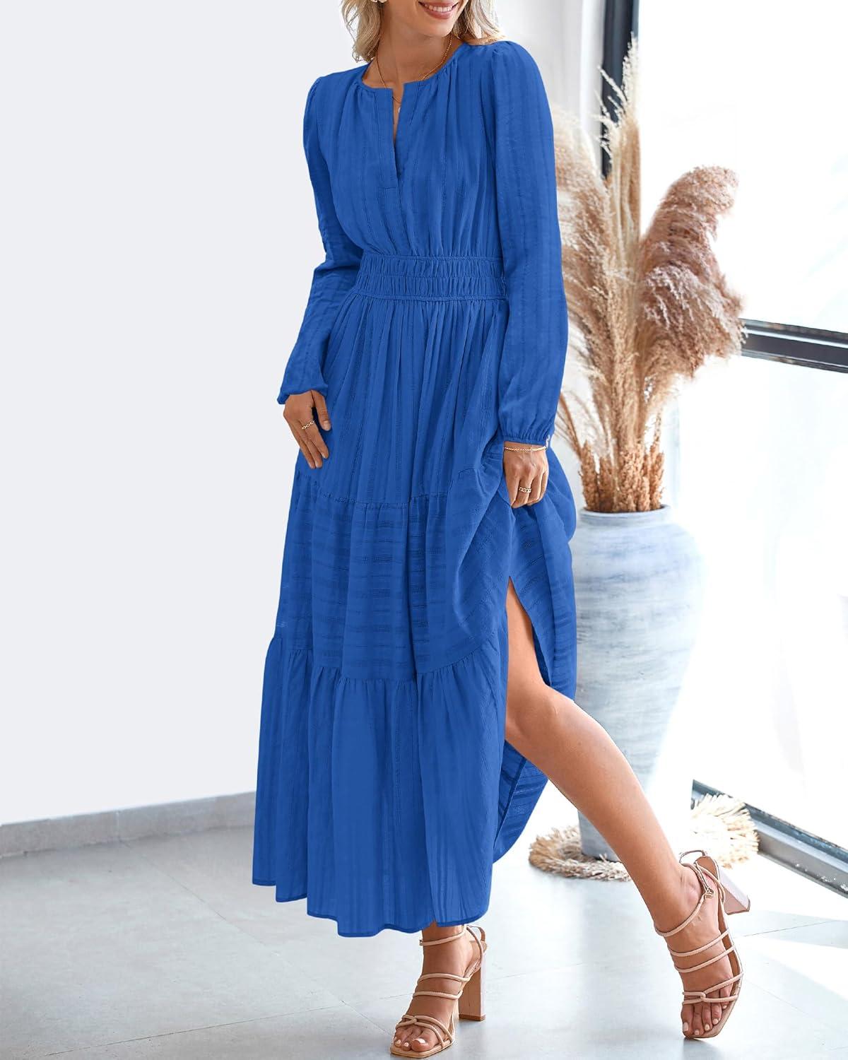 imageBTFBM Fall Dresses for Women 2025 Casual Long Sleeve V Neck Elastic Waist Lightweight Maxi Wedding Guest Dress PocketsBlue