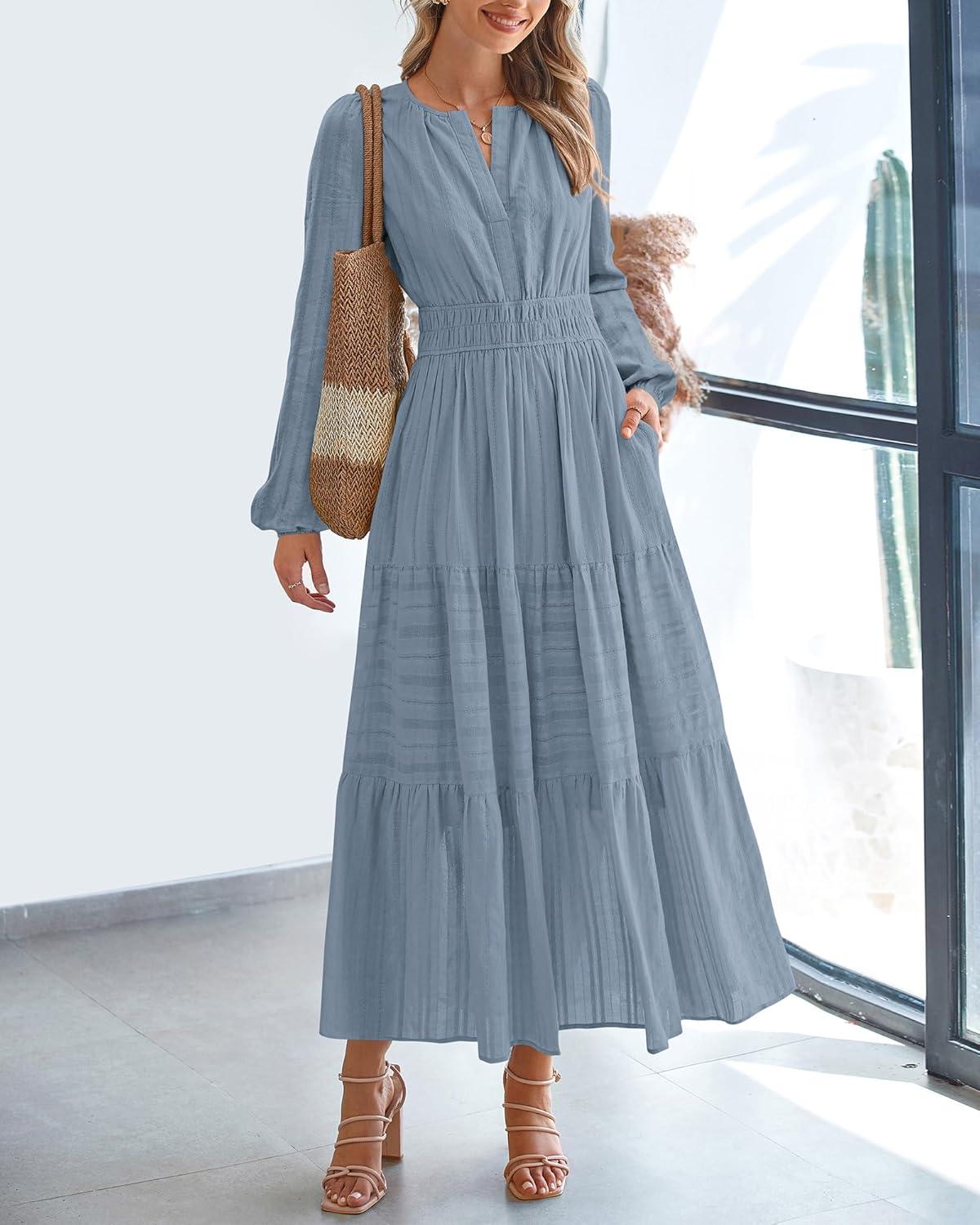 imageBTFBM Fall Dresses for Women 2025 Casual Long Sleeve V Neck Elastic Waist Lightweight Maxi Wedding Guest Dress PocketsBlue Grey