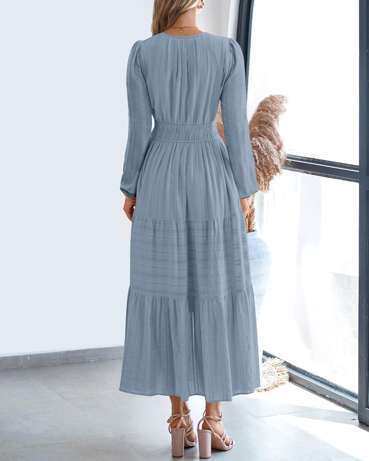 imageBTFBM Fall Dresses for Women 2025 Casual Long Sleeve V Neck Elastic Waist Lightweight Maxi Wedding Guest Dress PocketsBlue Grey