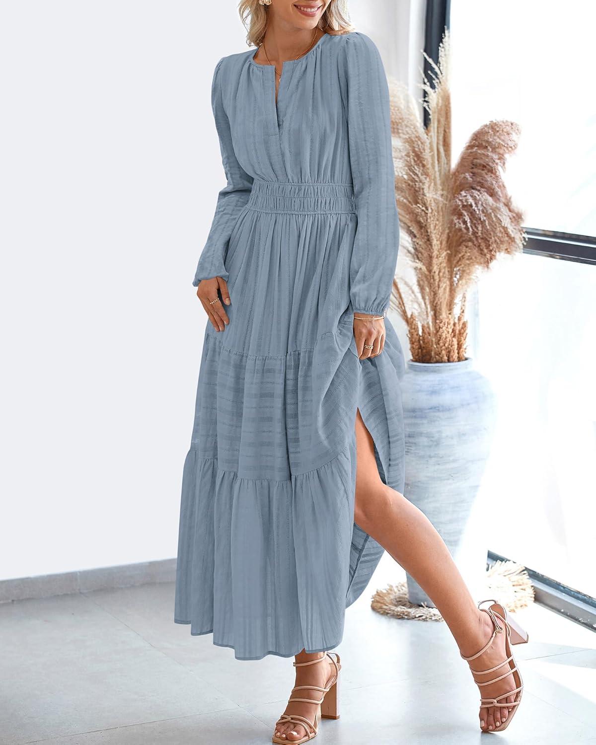 imageBTFBM Fall Dresses for Women 2025 Casual Long Sleeve V Neck Elastic Waist Lightweight Maxi Wedding Guest Dress PocketsBlue Grey