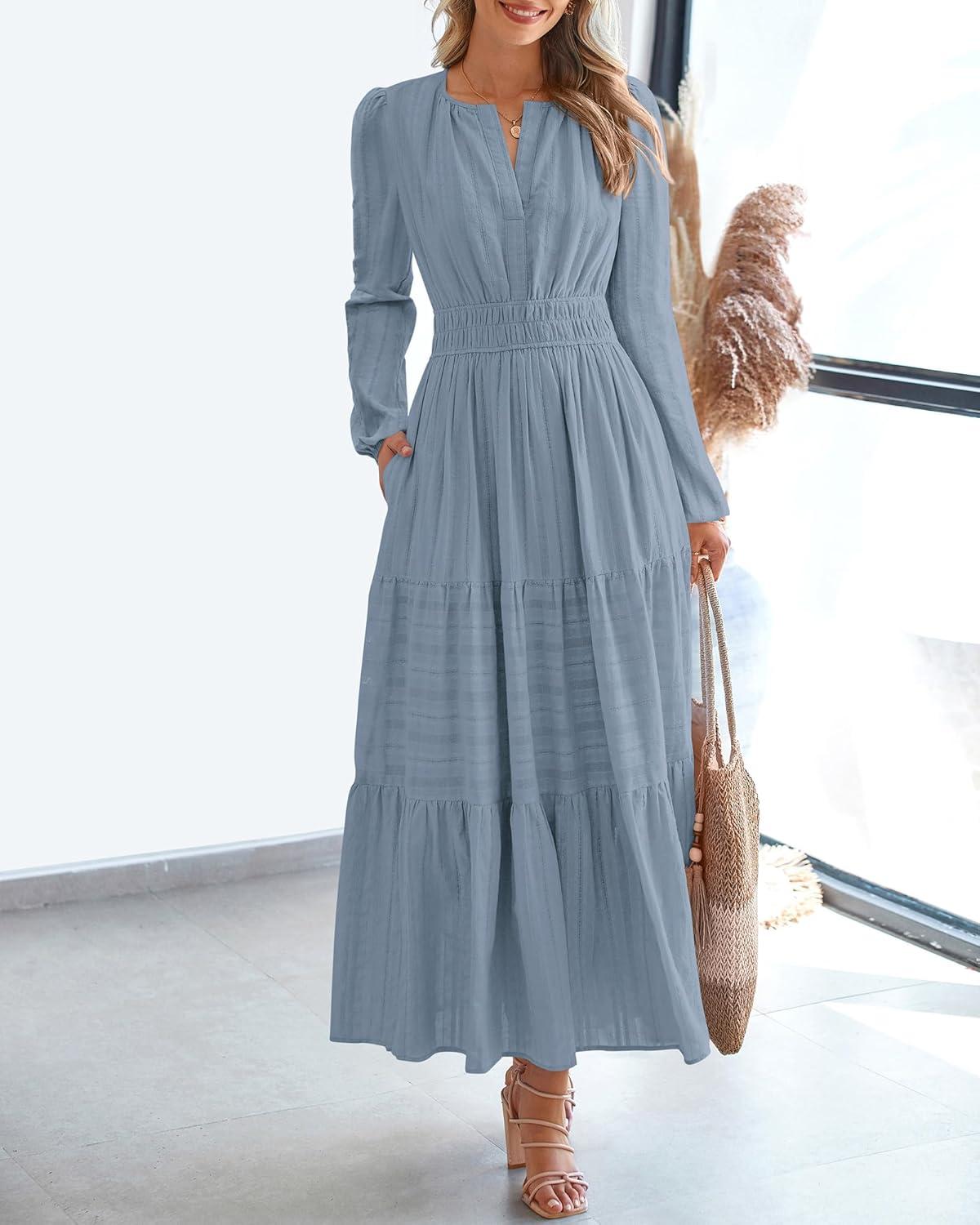 imageBTFBM Fall Dresses for Women 2025 Casual Long Sleeve V Neck Elastic Waist Lightweight Maxi Wedding Guest Dress PocketsBlue Grey