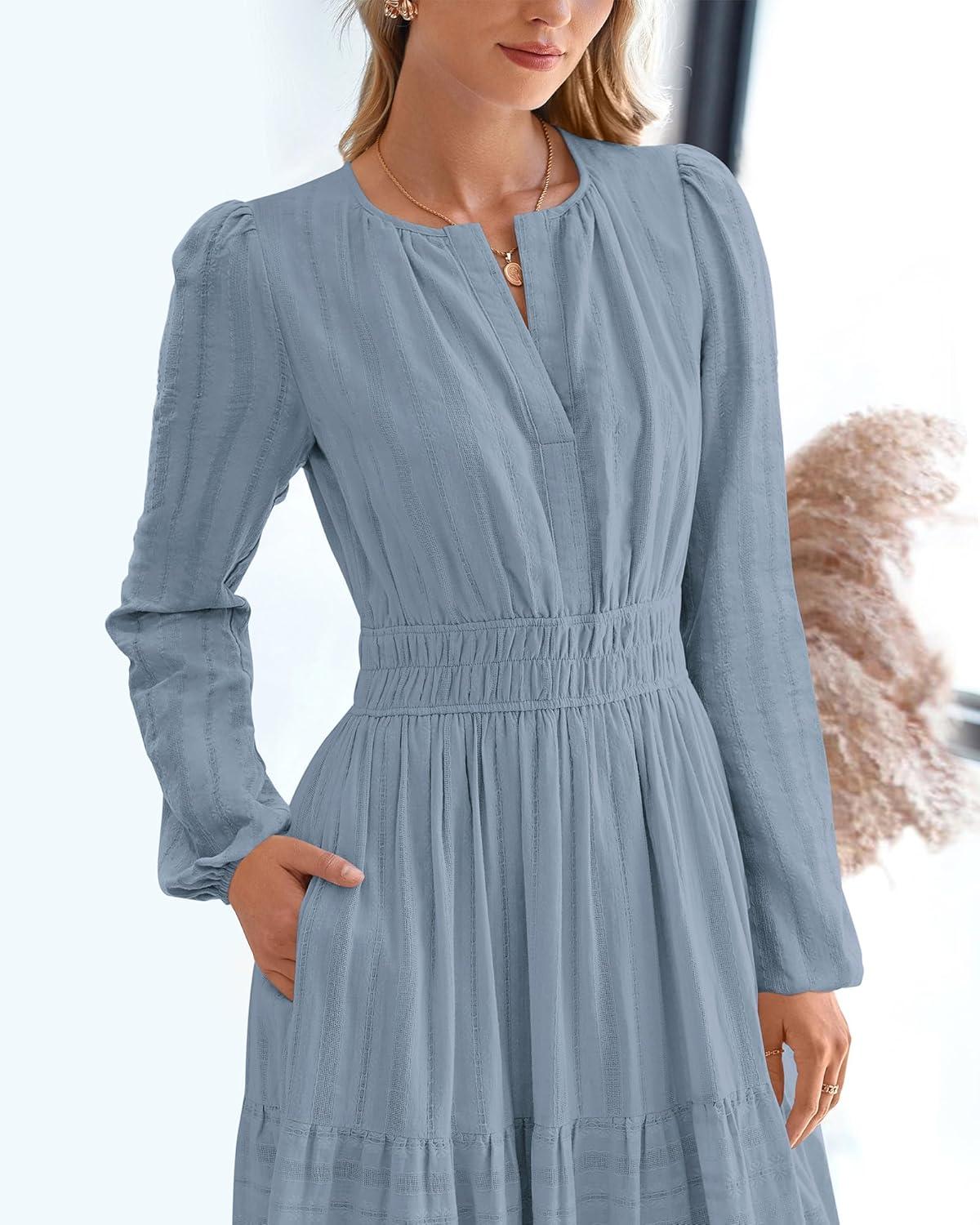imageBTFBM Fall Dresses for Women 2025 Casual Long Sleeve V Neck Elastic Waist Lightweight Maxi Wedding Guest Dress PocketsBlue Grey