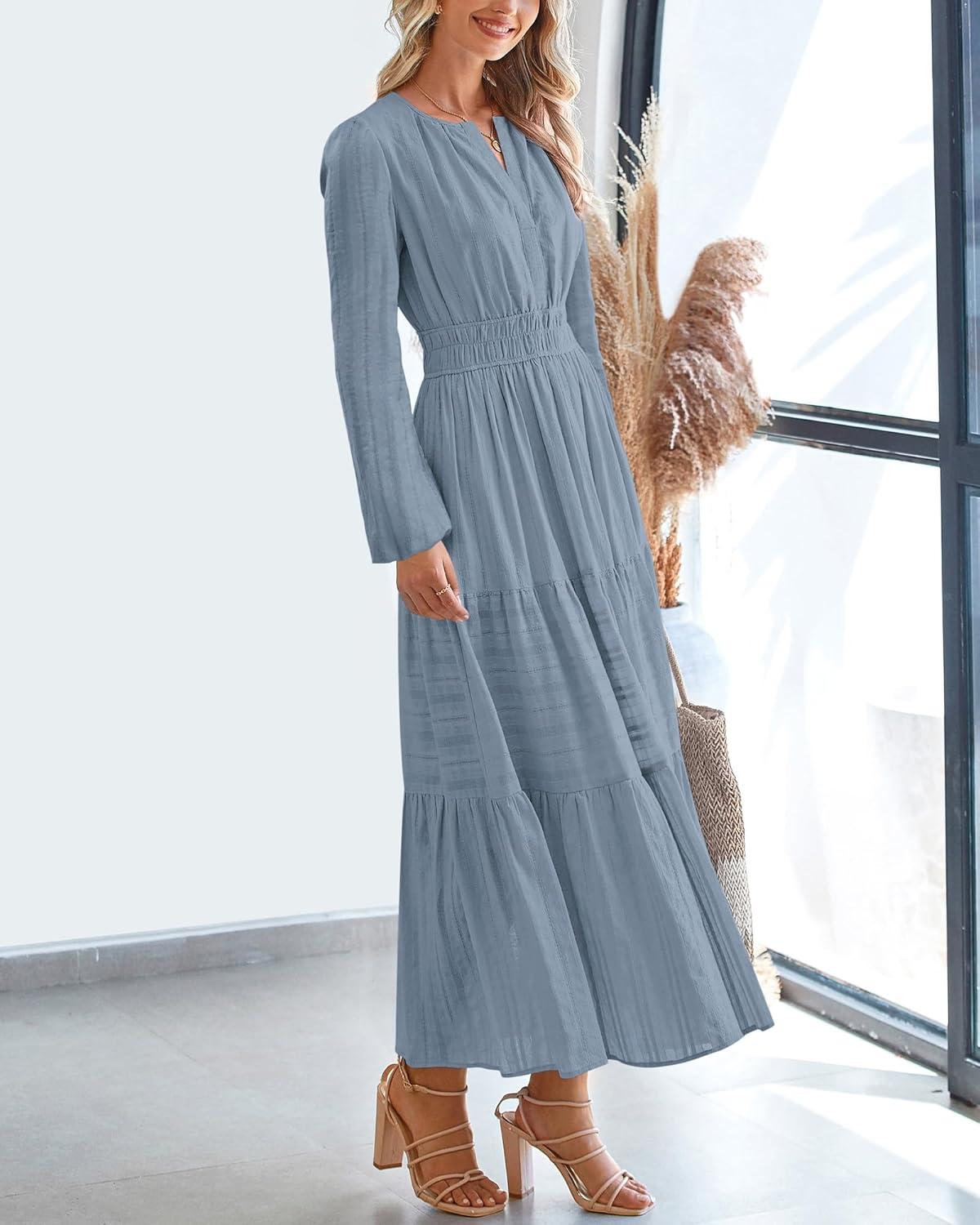 imageBTFBM Fall Dresses for Women 2025 Casual Long Sleeve V Neck Elastic Waist Lightweight Maxi Wedding Guest Dress PocketsBlue Grey