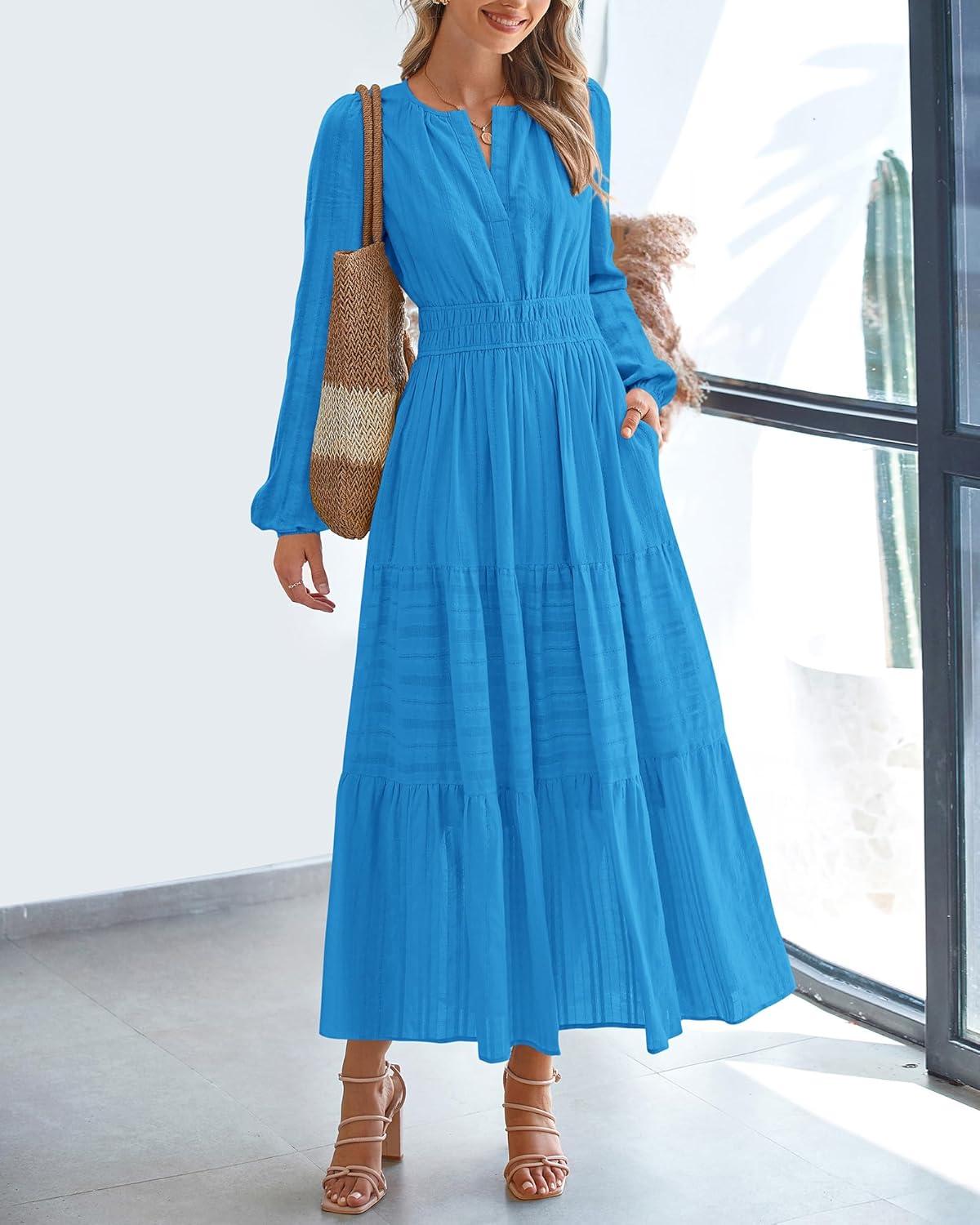 imageBTFBM Fall Dresses for Women 2025 Casual Long Sleeve V Neck Elastic Waist Lightweight Maxi Wedding Guest Dress PocketsBrilliant Blue