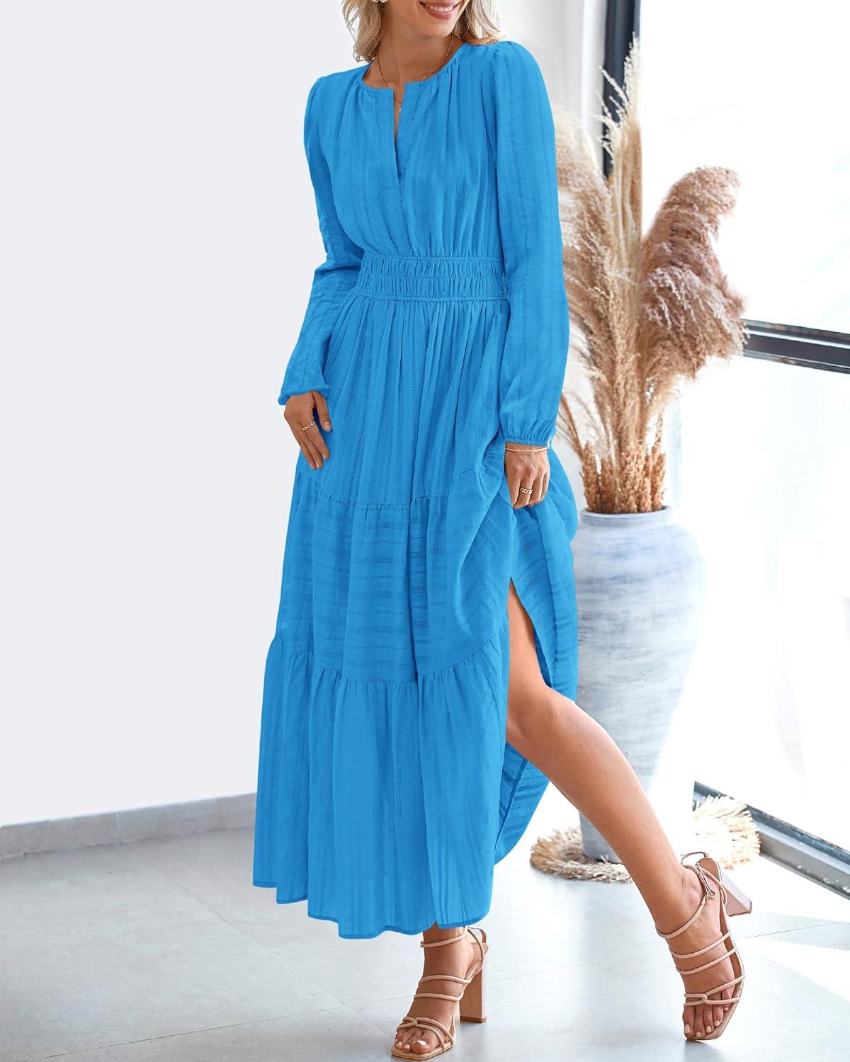 imageBTFBM Fall Dresses for Women 2025 Casual Long Sleeve V Neck Elastic Waist Lightweight Maxi Wedding Guest Dress PocketsBrilliant Blue