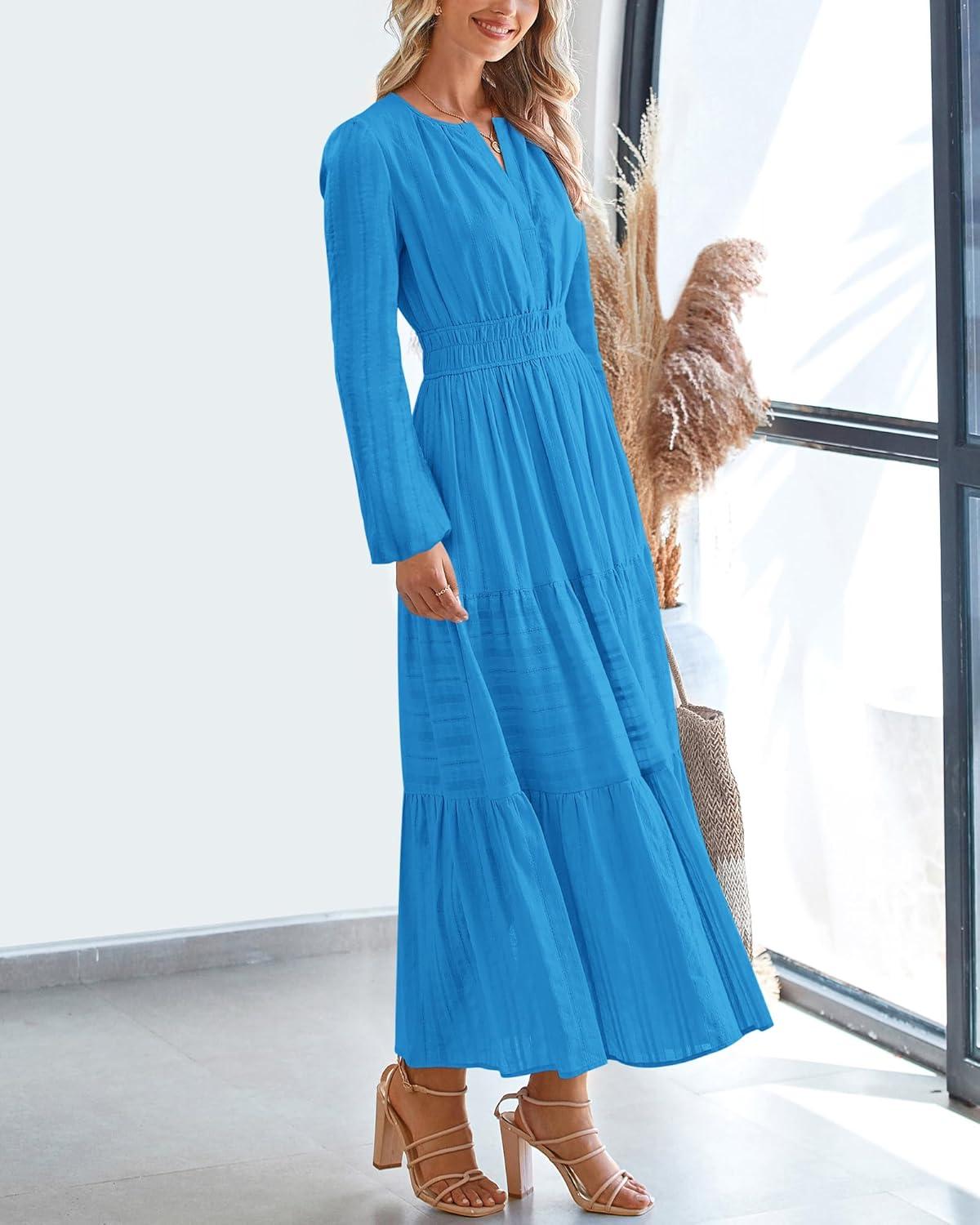 imageBTFBM Fall Dresses for Women 2025 Casual Long Sleeve V Neck Elastic Waist Lightweight Maxi Wedding Guest Dress PocketsBrilliant Blue