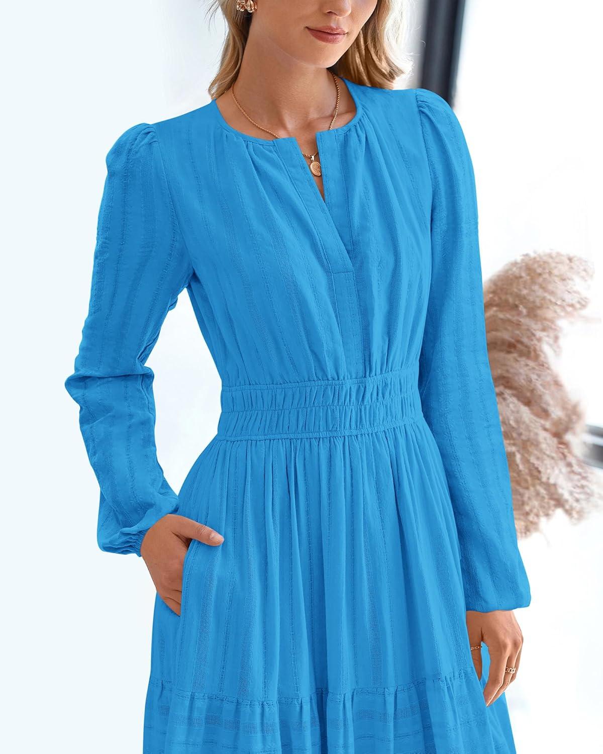 imageBTFBM Fall Dresses for Women 2025 Casual Long Sleeve V Neck Elastic Waist Lightweight Maxi Wedding Guest Dress PocketsBrilliant Blue