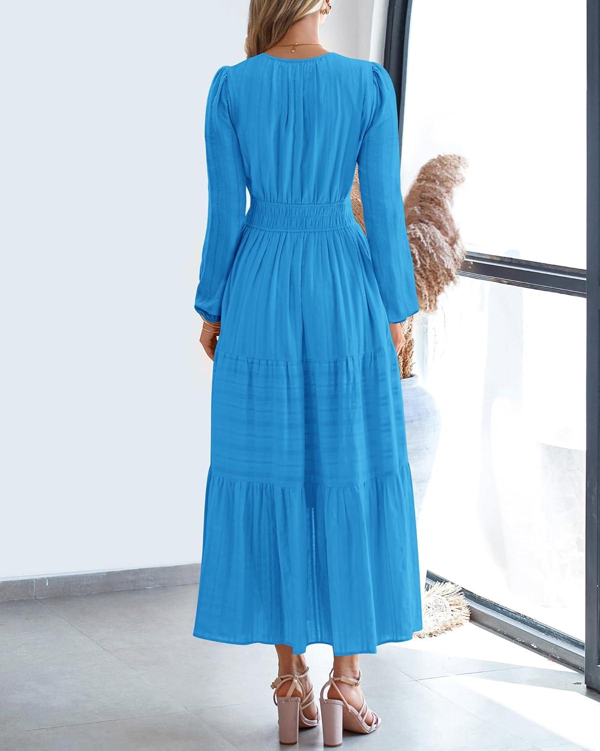 imageBTFBM Fall Dresses for Women 2025 Casual Long Sleeve V Neck Elastic Waist Lightweight Maxi Wedding Guest Dress PocketsBrilliant Blue