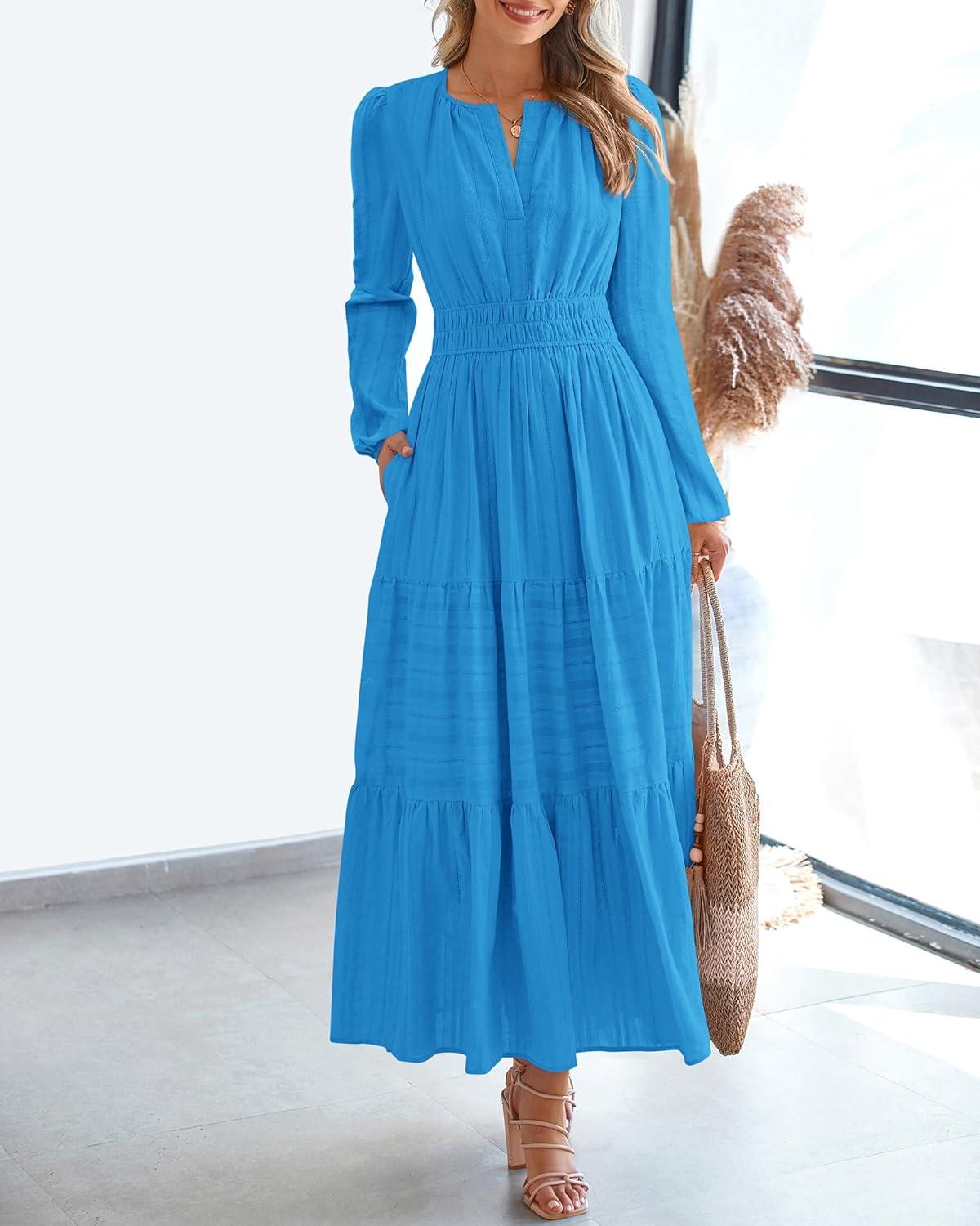 imageBTFBM Fall Dresses for Women 2025 Casual Long Sleeve V Neck Elastic Waist Lightweight Maxi Wedding Guest Dress PocketsBrilliant Blue