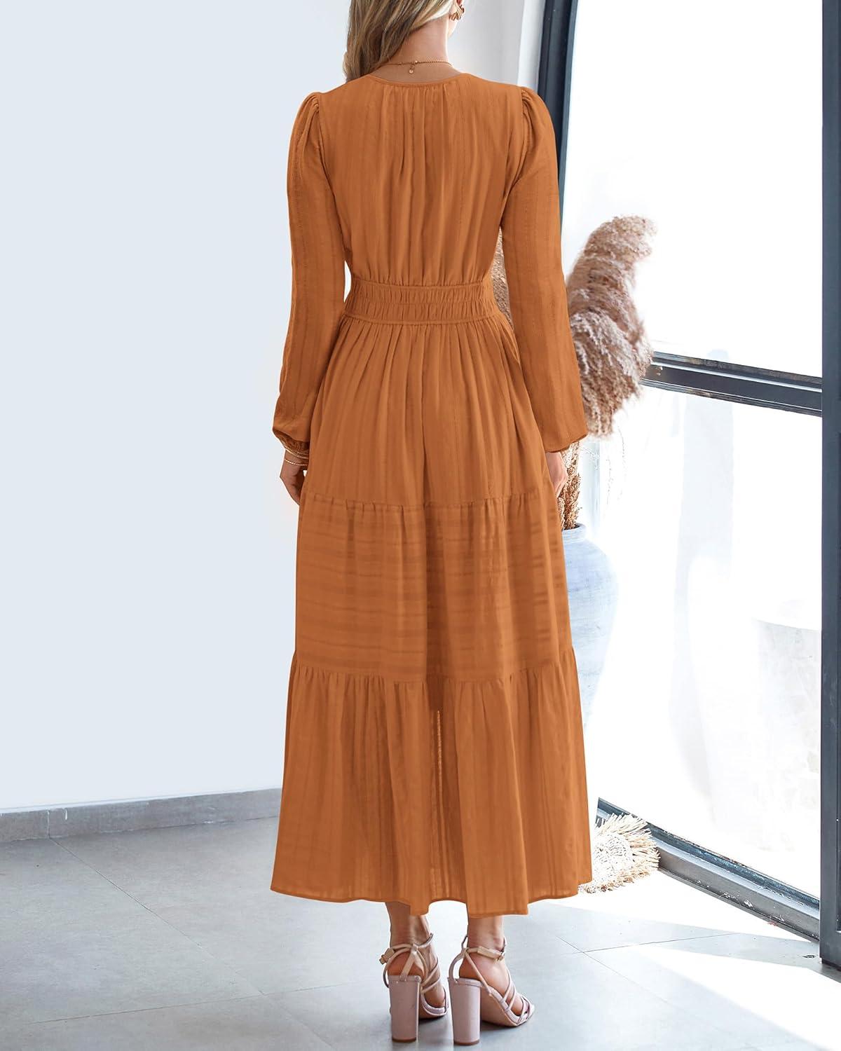 imageBTFBM Fall Dresses for Women 2025 Casual Long Sleeve V Neck Elastic Waist Lightweight Maxi Wedding Guest Dress PocketsBrown Orange