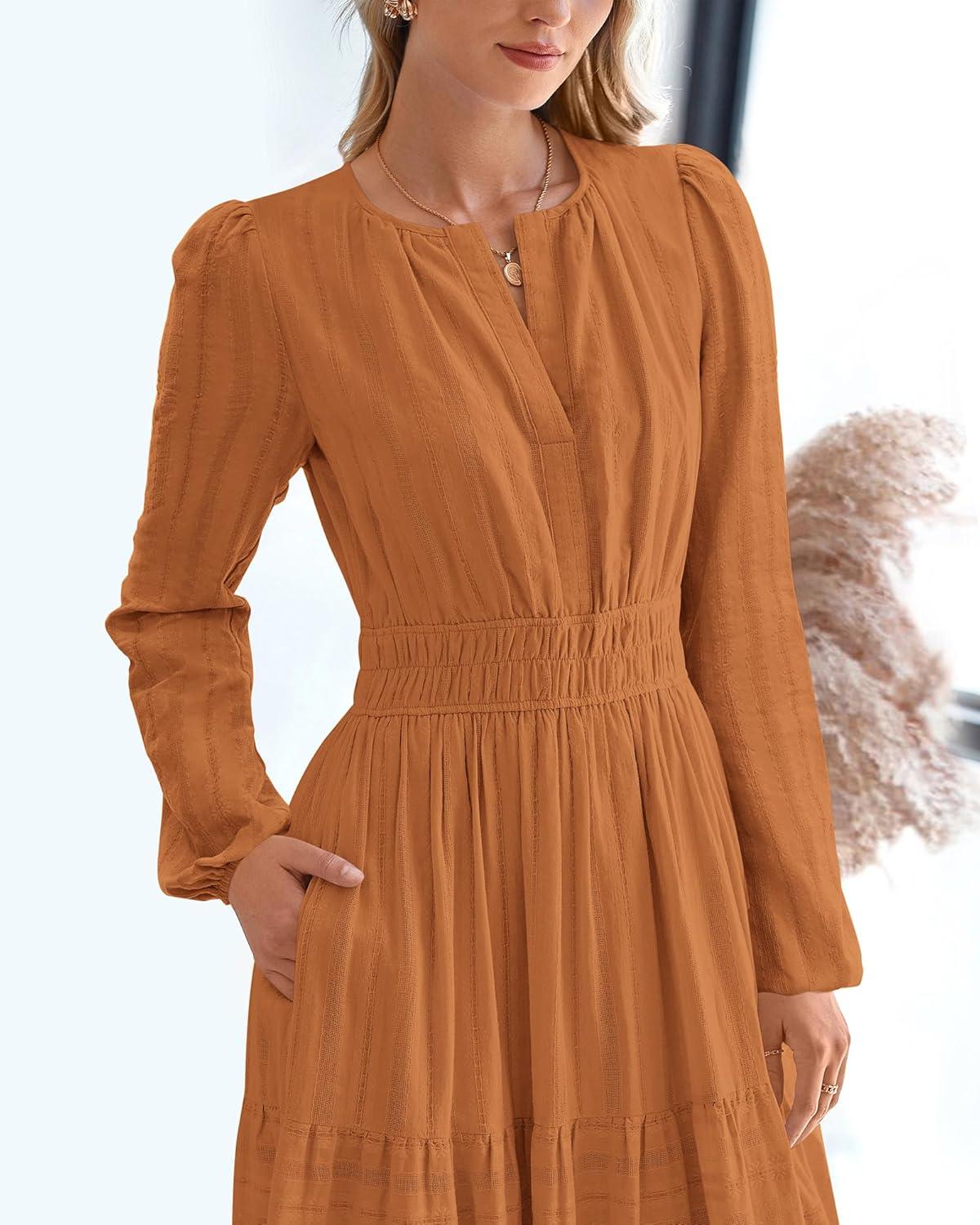 imageBTFBM Fall Dresses for Women 2025 Casual Long Sleeve V Neck Elastic Waist Lightweight Maxi Wedding Guest Dress PocketsBrown Orange