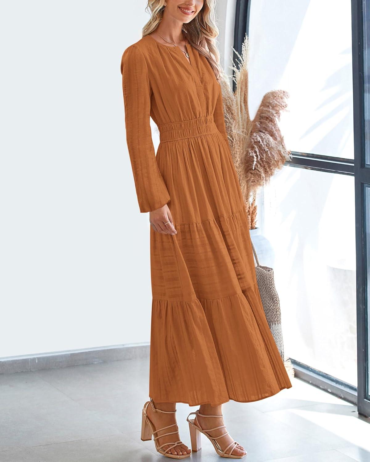 imageBTFBM Fall Dresses for Women 2025 Casual Long Sleeve V Neck Elastic Waist Lightweight Maxi Wedding Guest Dress PocketsBrown Orange