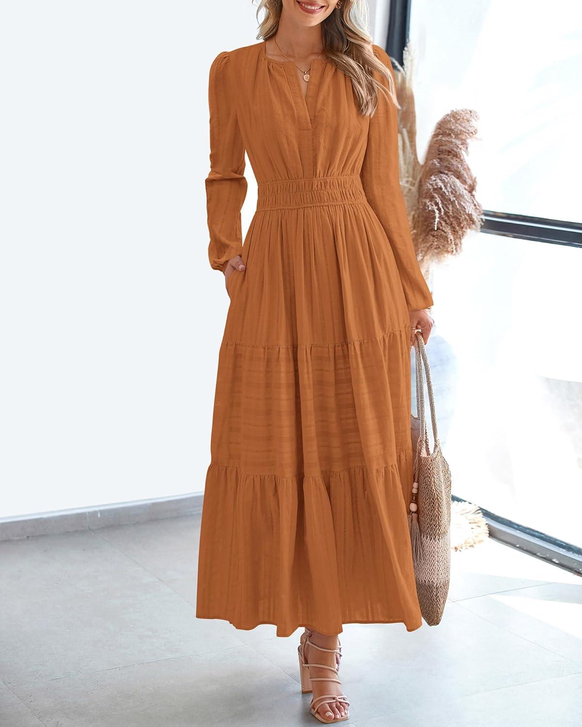 imageBTFBM Fall Dresses for Women 2025 Casual Long Sleeve V Neck Elastic Waist Lightweight Maxi Wedding Guest Dress PocketsBrown Orange