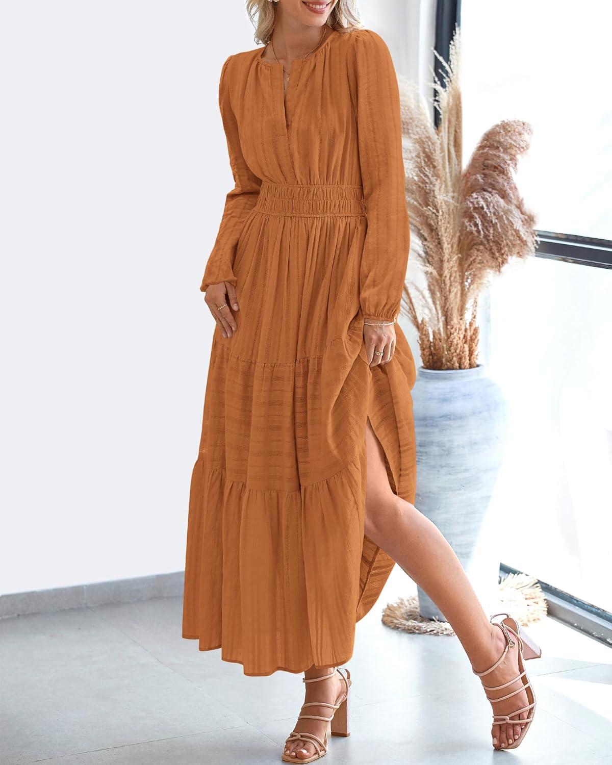imageBTFBM Fall Dresses for Women 2025 Casual Long Sleeve V Neck Elastic Waist Lightweight Maxi Wedding Guest Dress PocketsBrown Orange