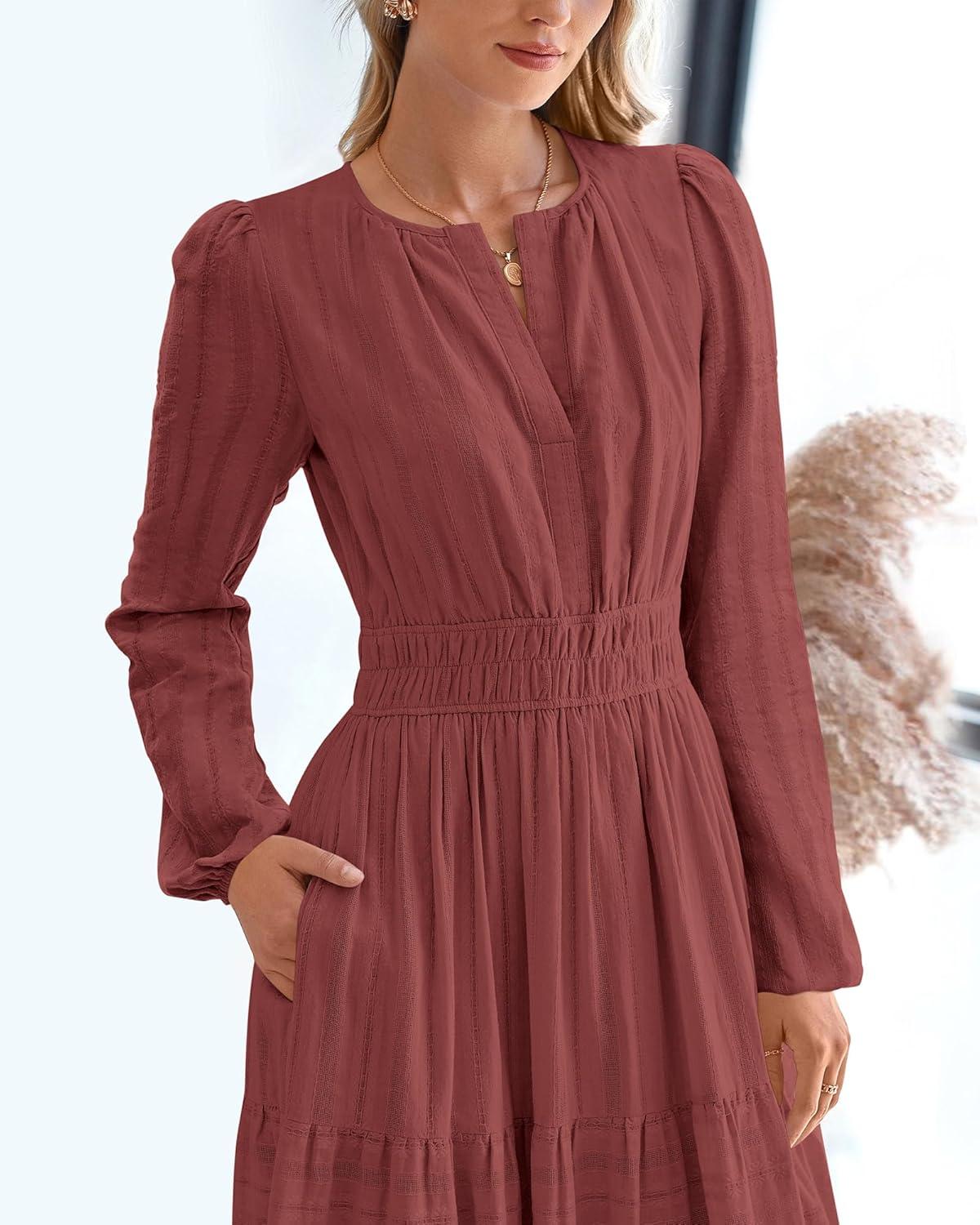 imageBTFBM Fall Dresses for Women 2025 Casual Long Sleeve V Neck Elastic Waist Lightweight Maxi Wedding Guest Dress PocketsBrown Red