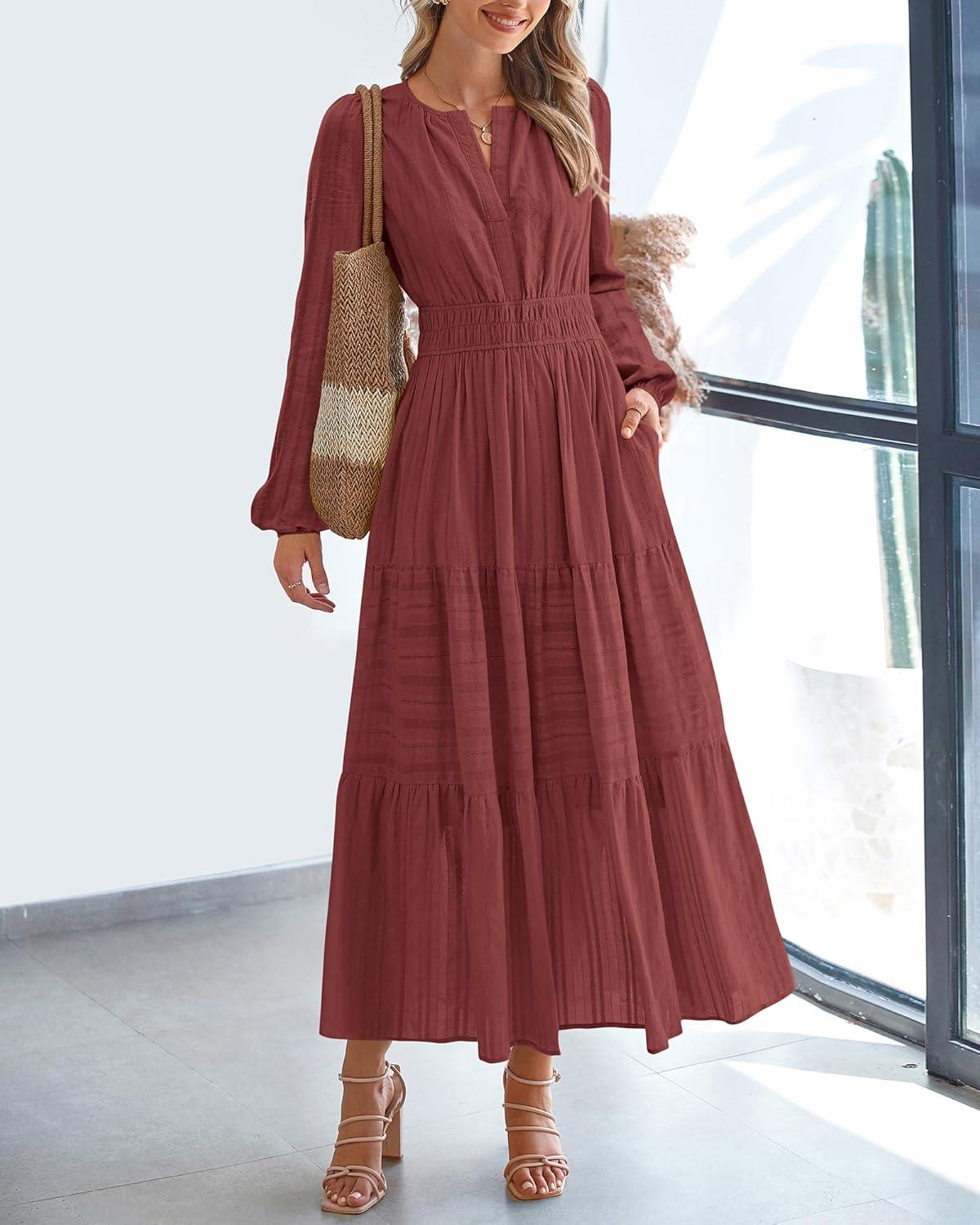 imageBTFBM Fall Dresses for Women 2025 Casual Long Sleeve V Neck Elastic Waist Lightweight Maxi Wedding Guest Dress PocketsBrown Red