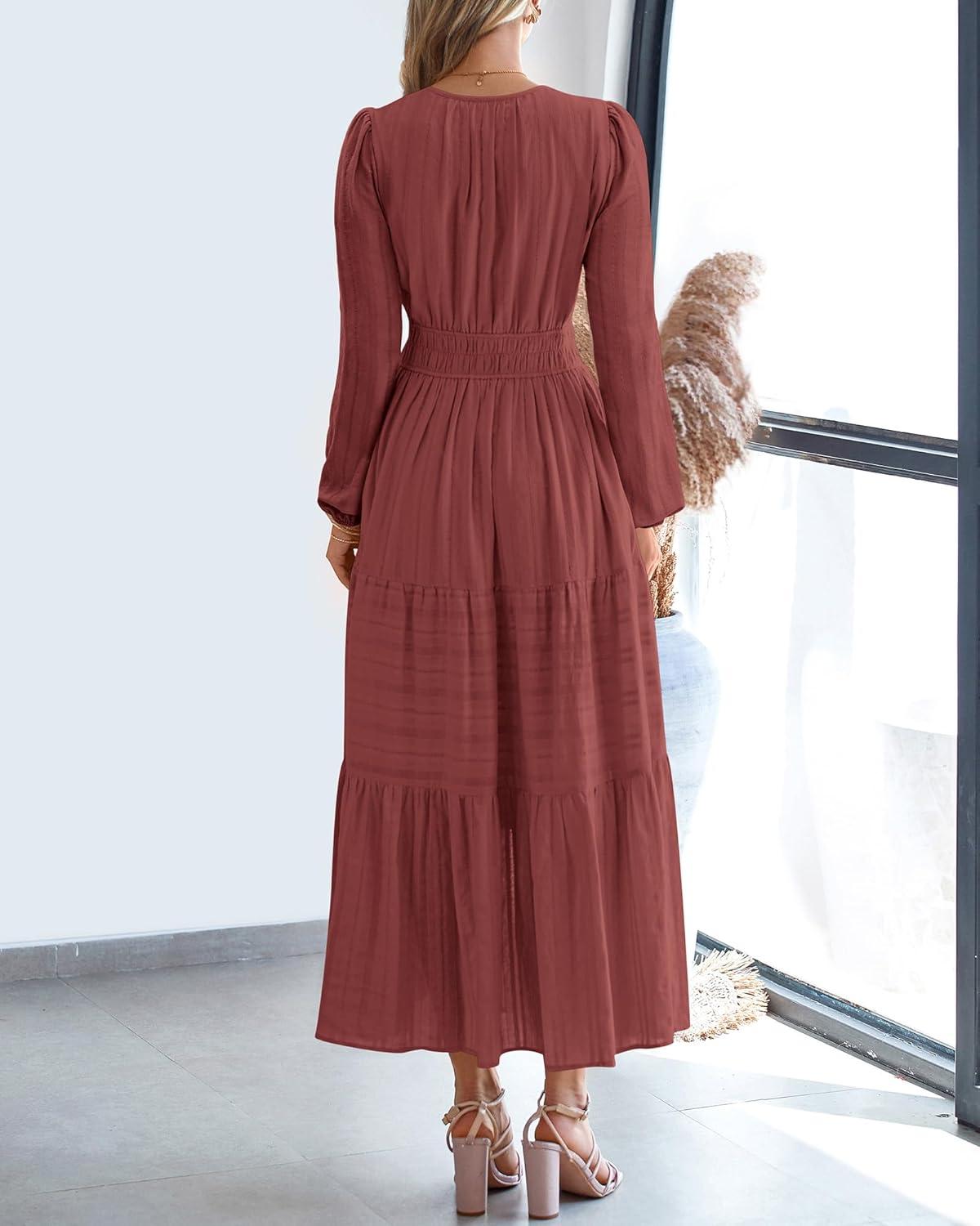 imageBTFBM Fall Dresses for Women 2025 Casual Long Sleeve V Neck Elastic Waist Lightweight Maxi Wedding Guest Dress PocketsBrown Red
