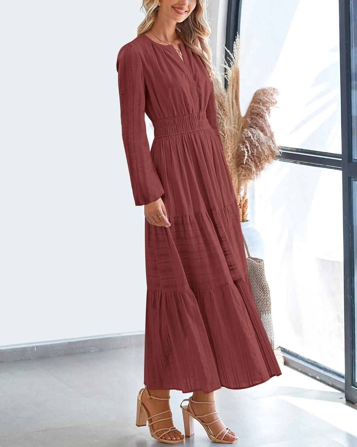 imageBTFBM Fall Dresses for Women 2025 Casual Long Sleeve V Neck Elastic Waist Lightweight Maxi Wedding Guest Dress PocketsBrown Red