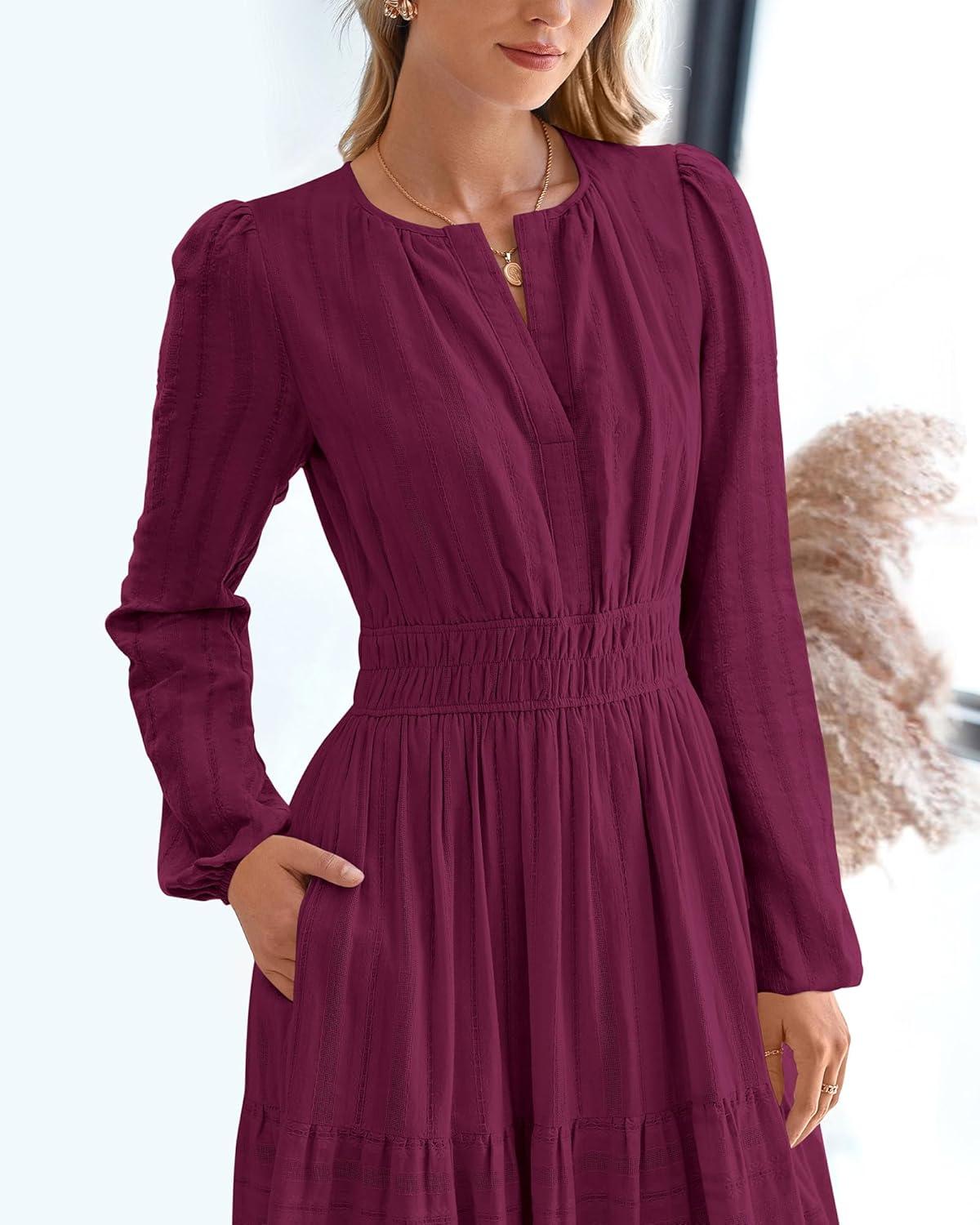 imageBTFBM Fall Dresses for Women 2025 Casual Long Sleeve V Neck Elastic Waist Lightweight Maxi Wedding Guest Dress PocketsBurgundy