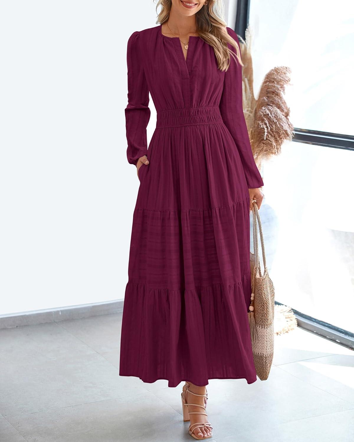 imageBTFBM Fall Dresses for Women 2025 Casual Long Sleeve V Neck Elastic Waist Lightweight Maxi Wedding Guest Dress PocketsBurgundy