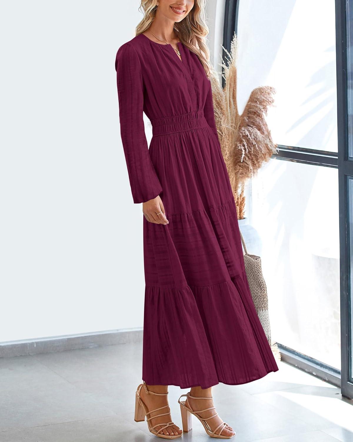 imageBTFBM Fall Dresses for Women 2025 Casual Long Sleeve V Neck Elastic Waist Lightweight Maxi Wedding Guest Dress PocketsBurgundy