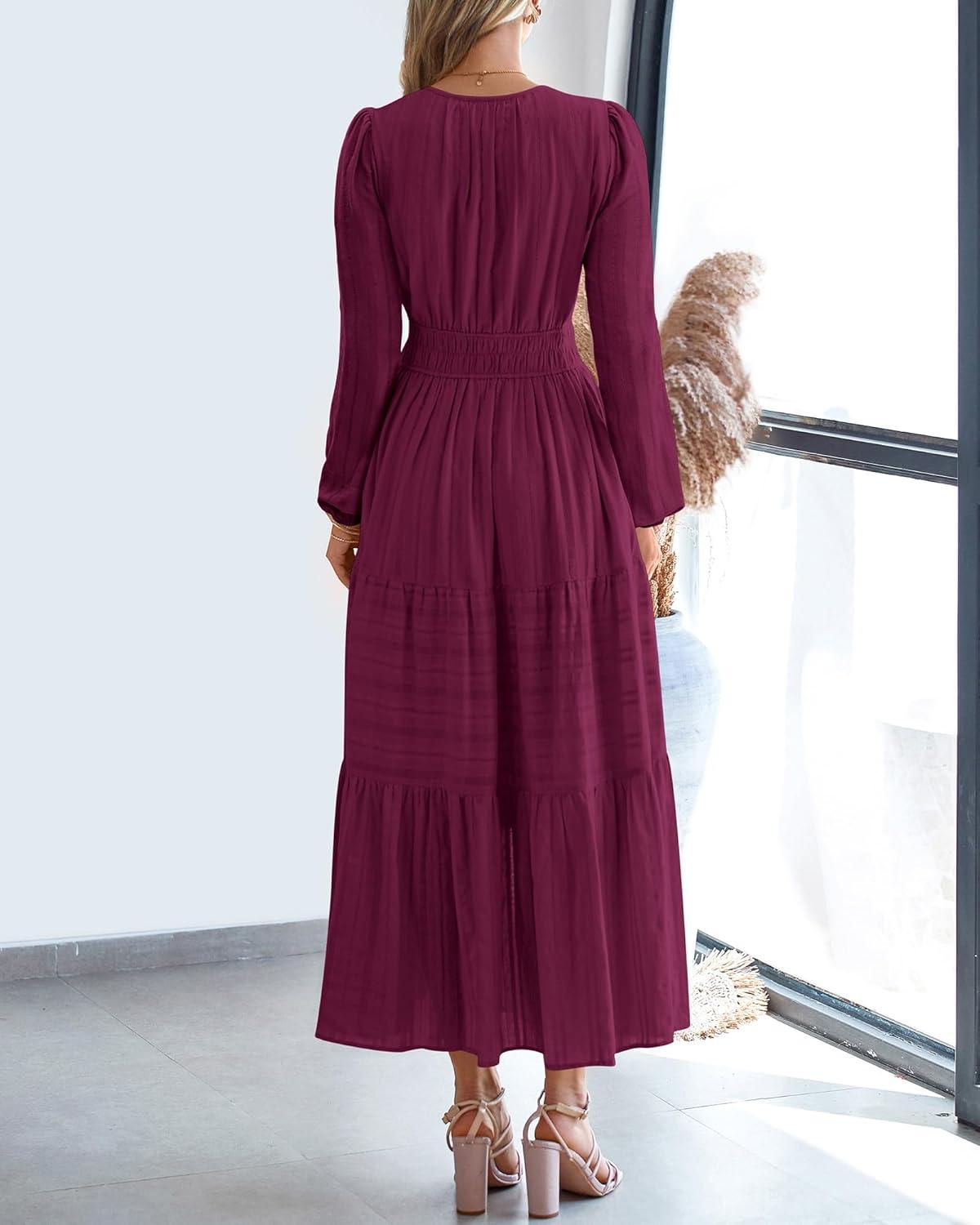 imageBTFBM Fall Dresses for Women 2025 Casual Long Sleeve V Neck Elastic Waist Lightweight Maxi Wedding Guest Dress PocketsBurgundy