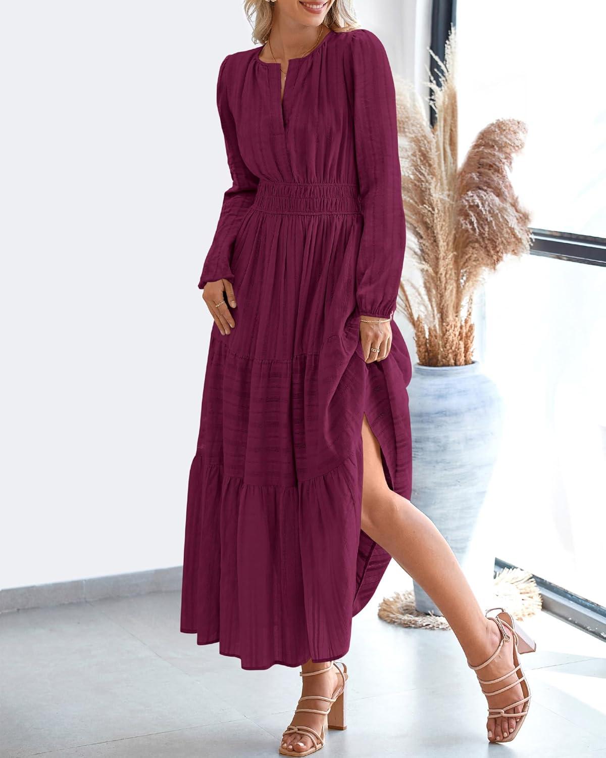 imageBTFBM Fall Dresses for Women 2025 Casual Long Sleeve V Neck Elastic Waist Lightweight Maxi Wedding Guest Dress PocketsBurgundy