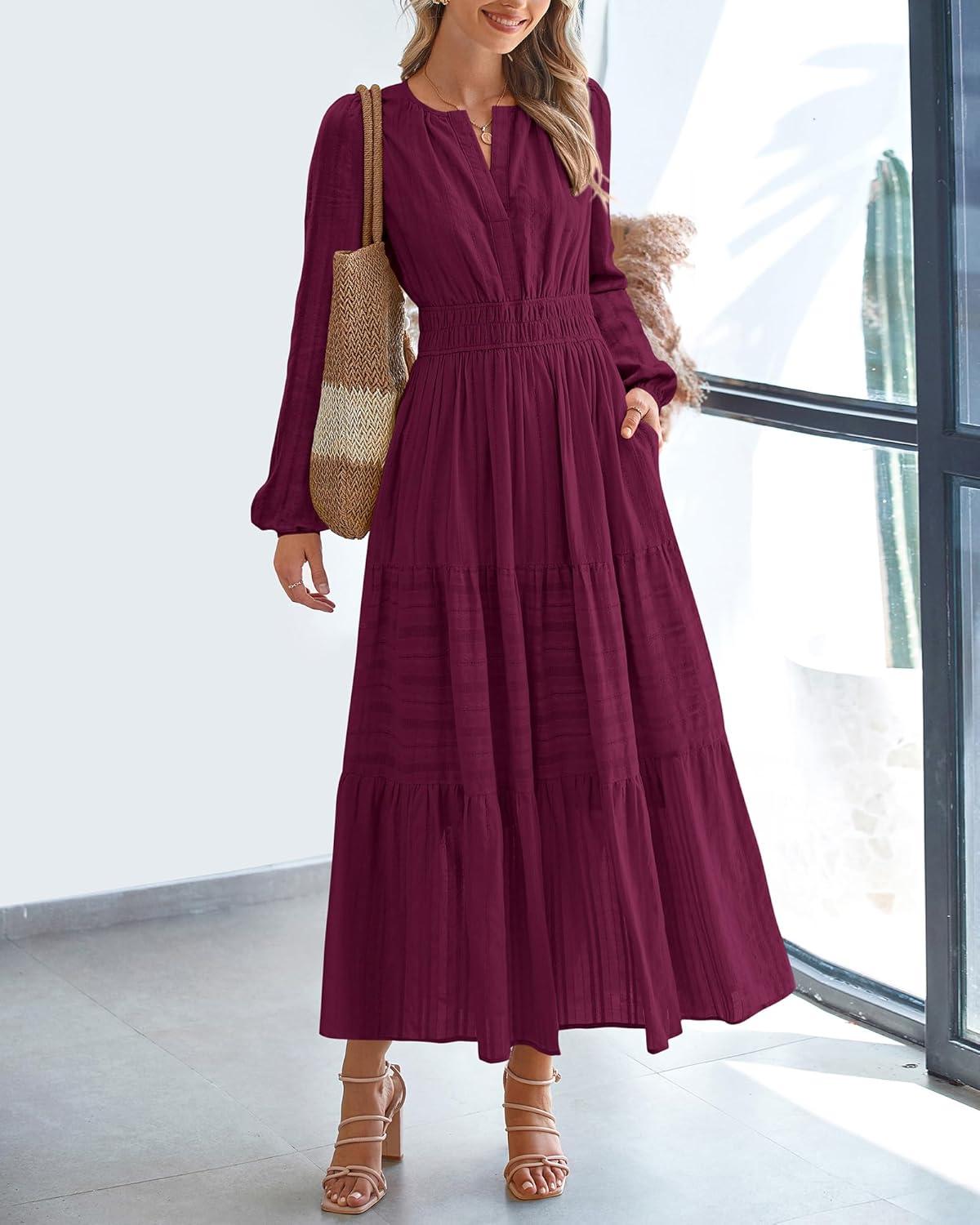 imageBTFBM Fall Dresses for Women 2025 Casual Long Sleeve V Neck Elastic Waist Lightweight Maxi Wedding Guest Dress PocketsBurgundy