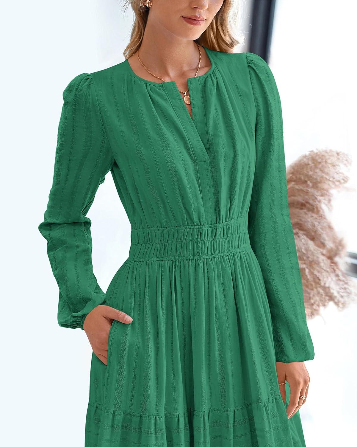 imageBTFBM Fall Dresses for Women 2025 Casual Long Sleeve V Neck Elastic Waist Lightweight Maxi Wedding Guest Dress PocketsDark Green