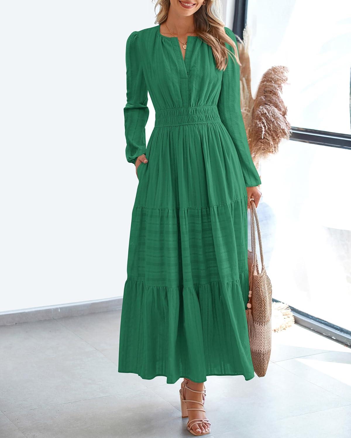 imageBTFBM Fall Dresses for Women 2025 Casual Long Sleeve V Neck Elastic Waist Lightweight Maxi Wedding Guest Dress PocketsDark Green