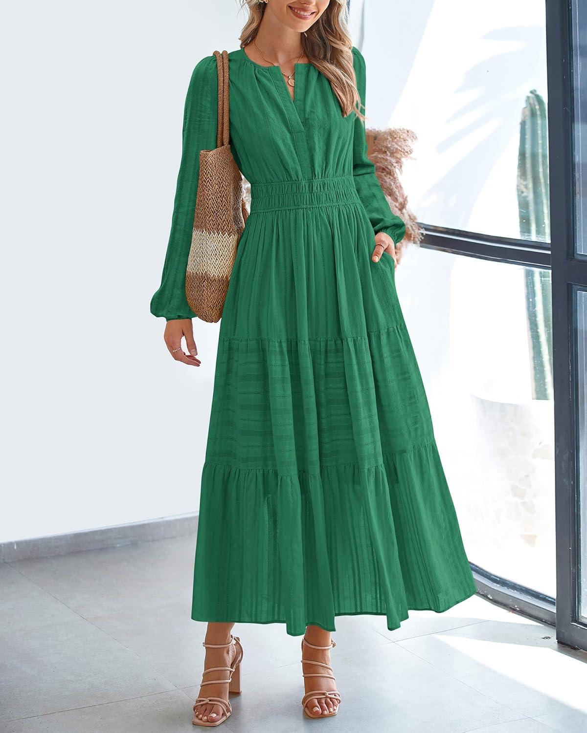 imageBTFBM Fall Dresses for Women 2025 Casual Long Sleeve V Neck Elastic Waist Lightweight Maxi Wedding Guest Dress PocketsDark Green